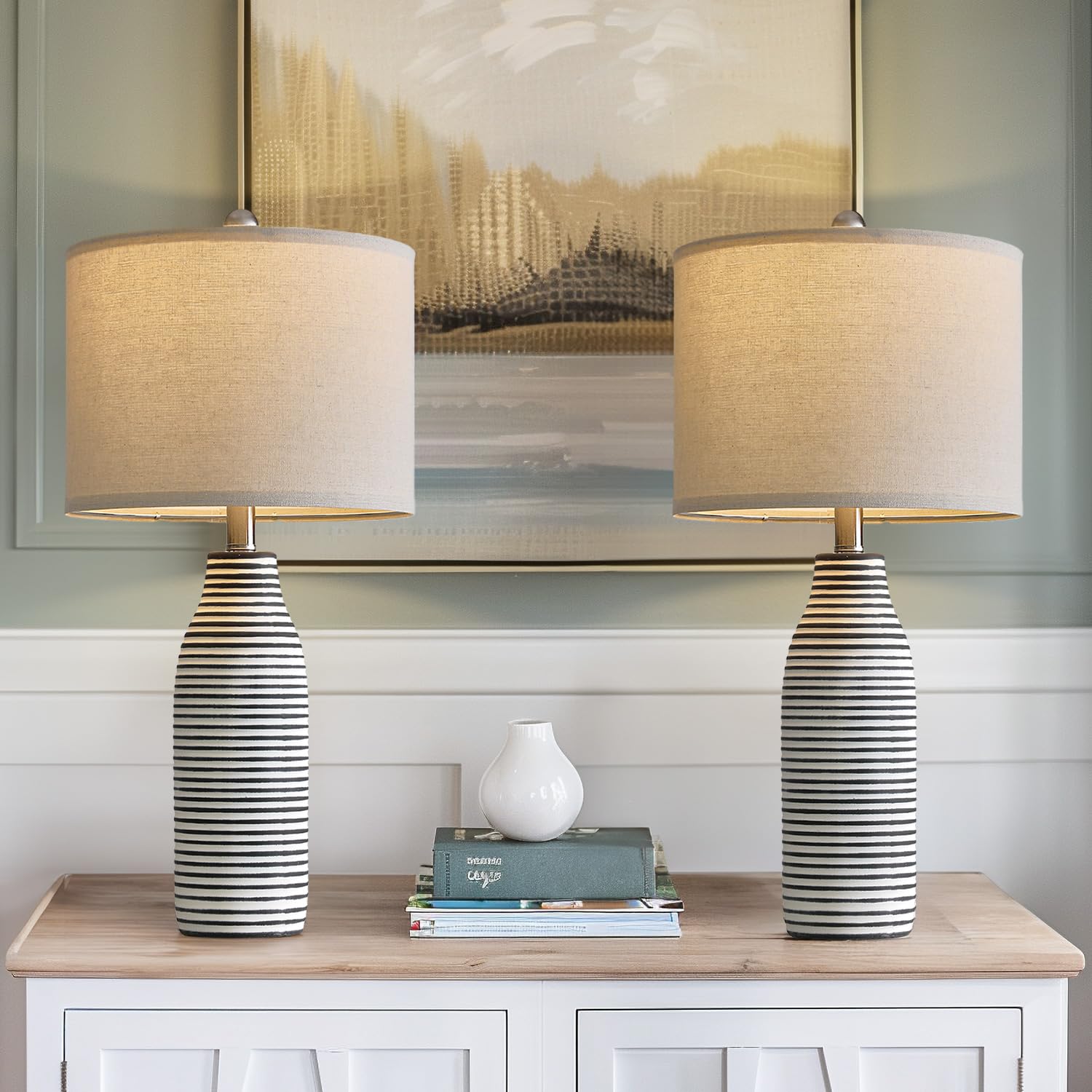 Usumkky 25'' Ceramic Table Lamps Set Of 2 Beside Lamps For Living Room Modern Bedroom Lamps For Night Stands With Rotary Switch