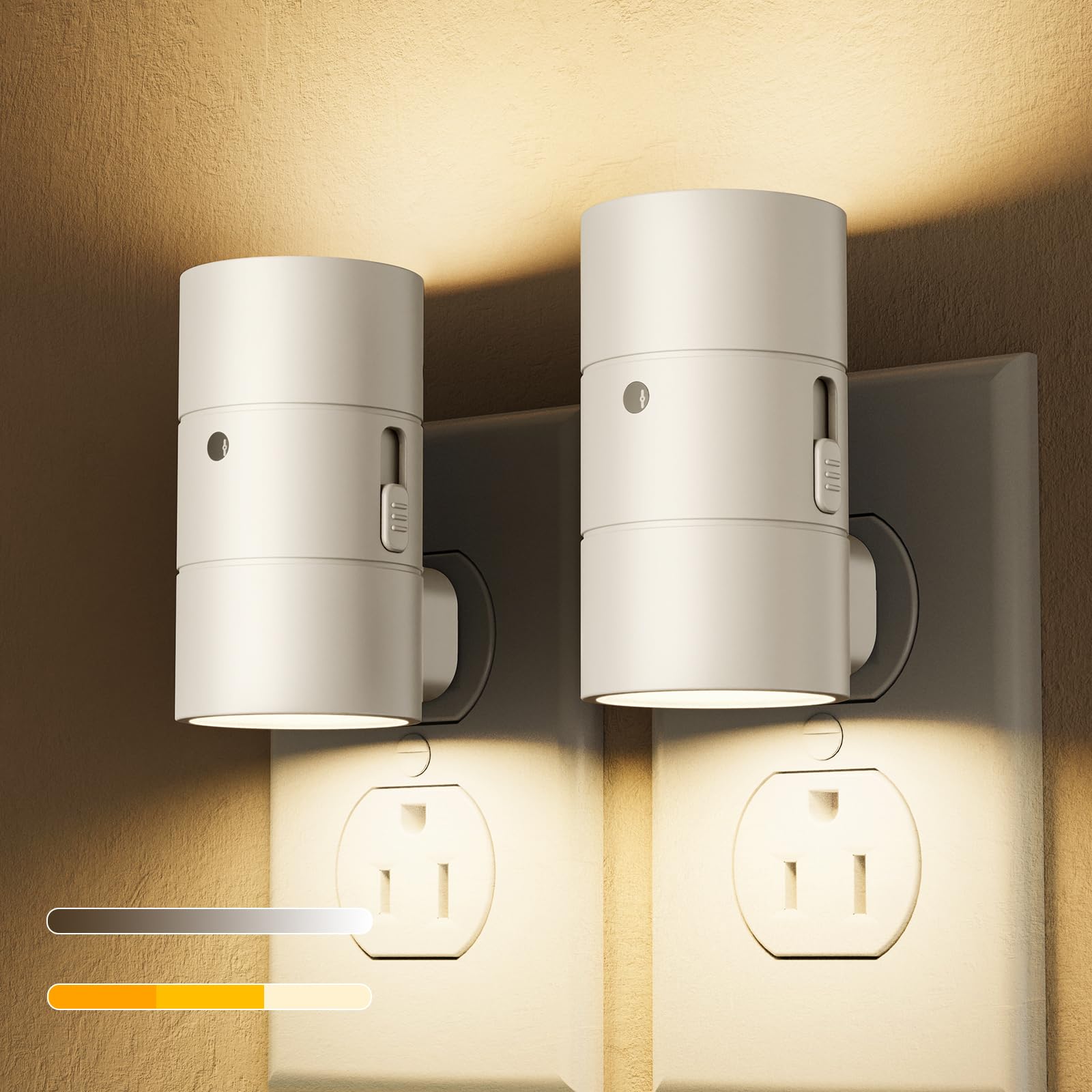 VOLISUN Dimmable LED Night Light, Adjustable Brightness, 2 Pack, Amber/3000K/4500K, White, Model XYD001-amber