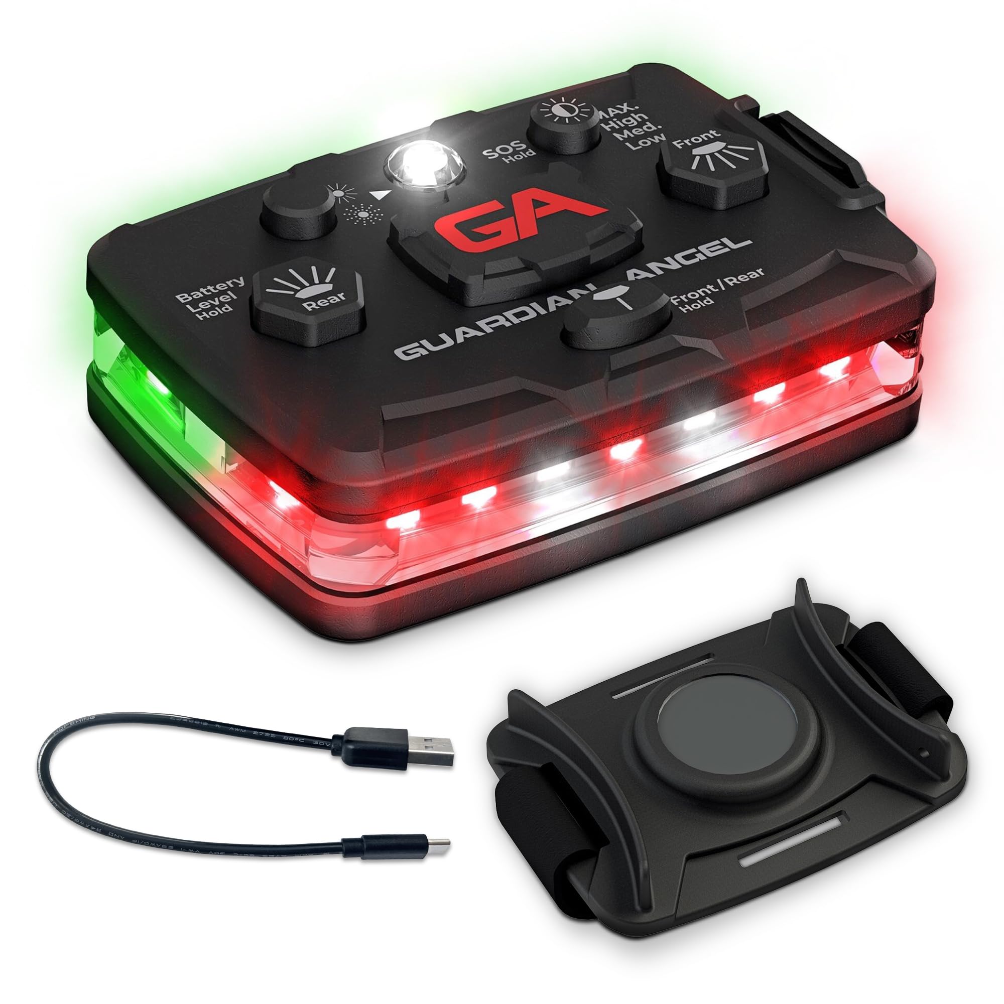 Guardian Angel Elite Series Safety Light (Red Front & Green Rear) - Rechargeable, Magnetic, Hands-Free Wearable/Mountable LED Li