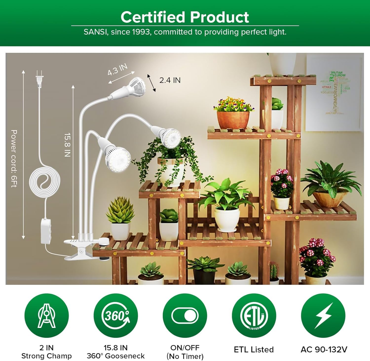 SANSI LED Grow Light, 450W Full Spectrum, Clip-on Gooseneck, Ceramic, 30W Power, White, Model C21GL-GE26-30