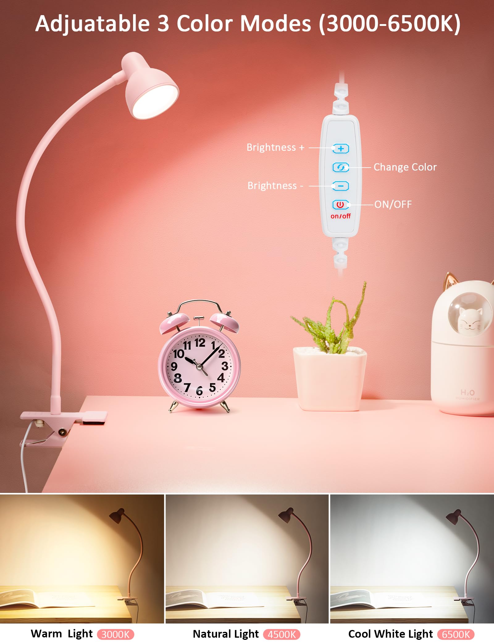Lifmira Pink Small Desk Lamp Clip On Reading Light For Bed 3 Colors 10 Brightness Dimmable Flexible Gooseneck Clip On Light For