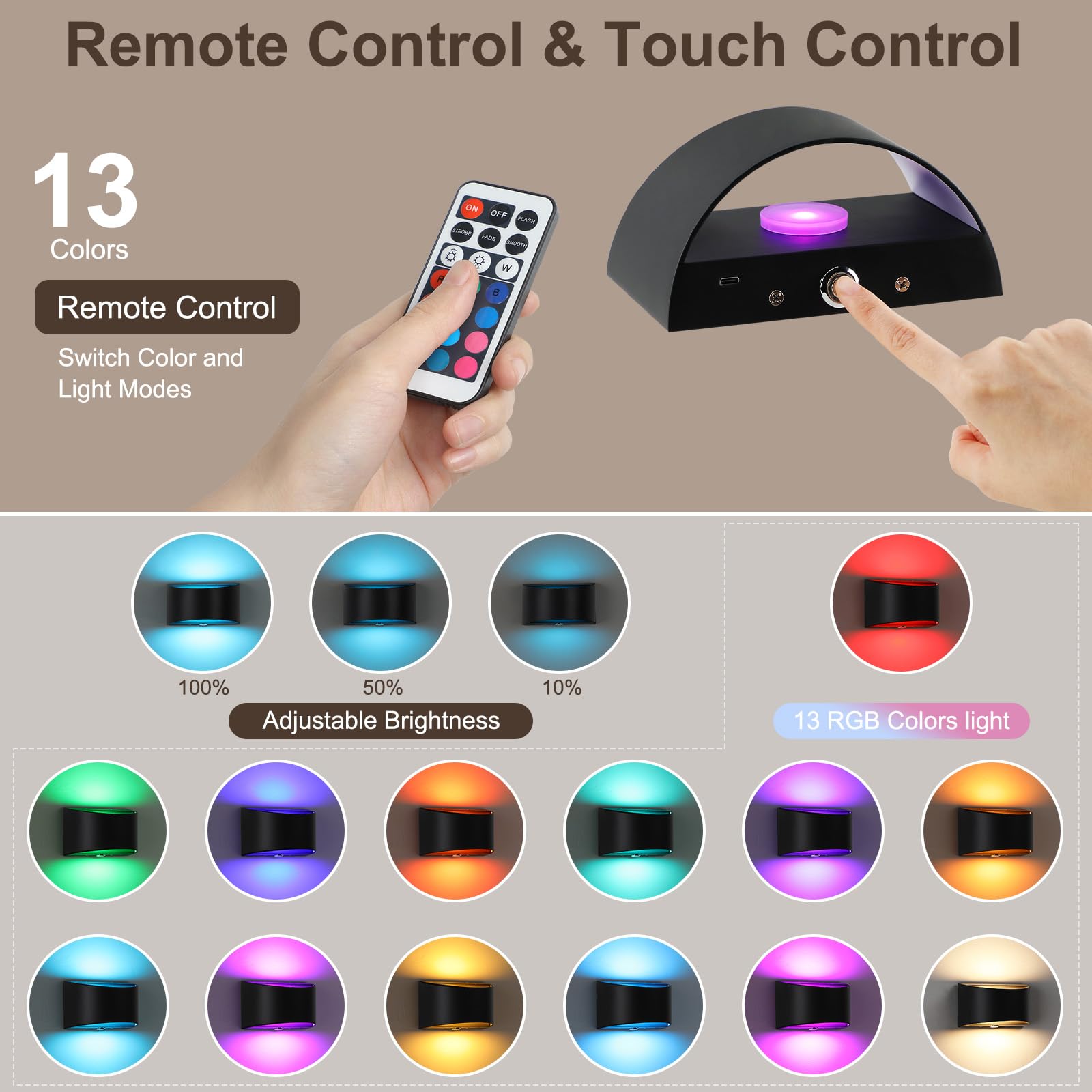 Lightess Battery Cordless Wall Sconces, Rgb Colors, Remote & Touch Control, Black, Model 9946266-Bj, Led Wall Lights For Home