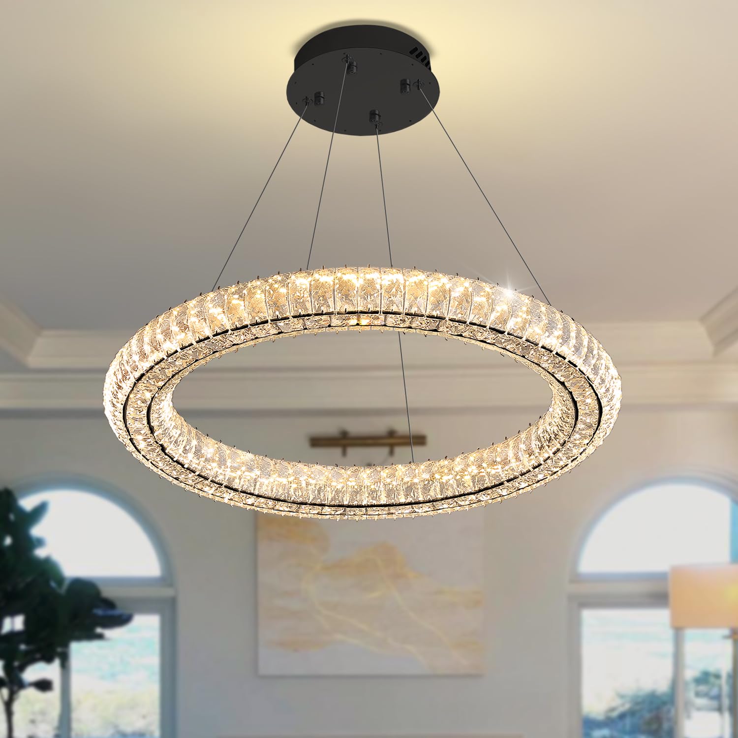 IDEQUY Modern Black Crystal Chandelier Dimmable LED 23.6'' Ring Pendant Light Adjustable Round Crystal Chandelier Light Fixtures