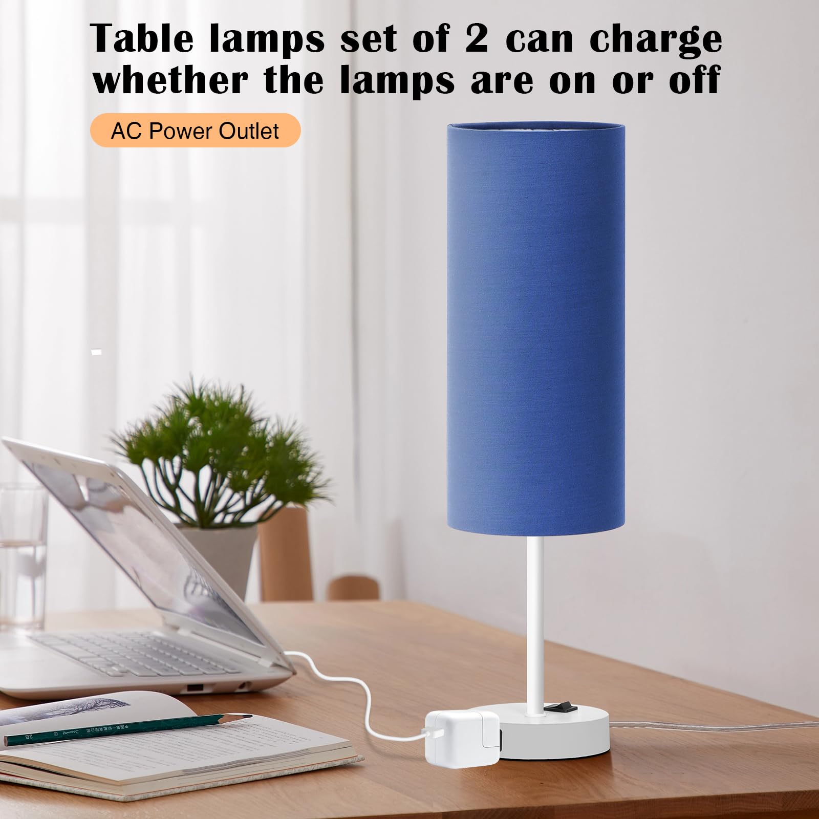ZJOJO Table Lamp 2 Pack, 18in Bedside Lamps with 3 Way Dimmable Switch, Blue Fabric Shade, White Base, Model RD-PTL6W-038