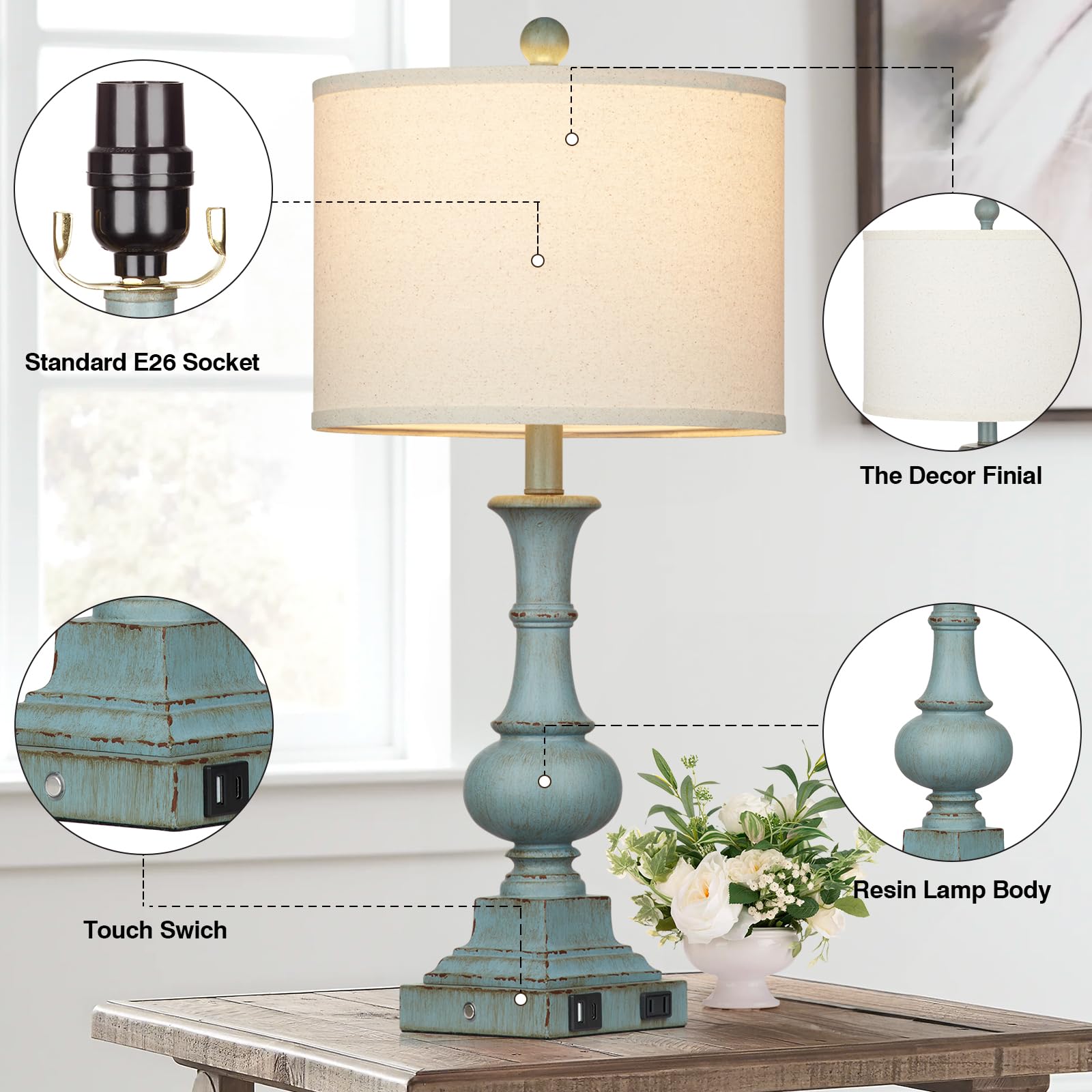 Lolikit Farmhouse Table Lamps Set of 2, 26" Vintage Blue Touch Control Dimmable Bedside Lamp with USB Ports & AC Outlet, LED Bulbs Included