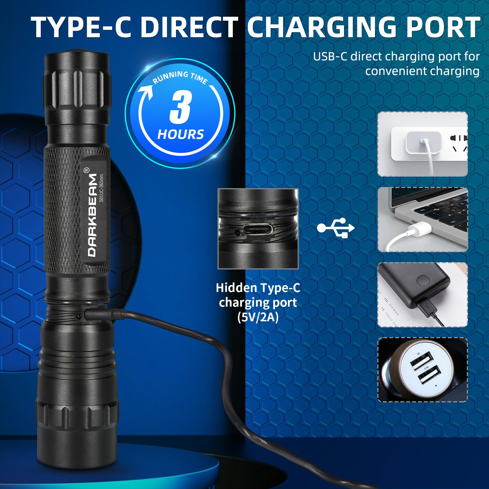 Darkbeam Uv Flashlight 365 Nm Light Blacklight, Mini Powerful Woods Lamp Usb-C Rechargeable, Led 10W Ultraviolet Flashlights Poc