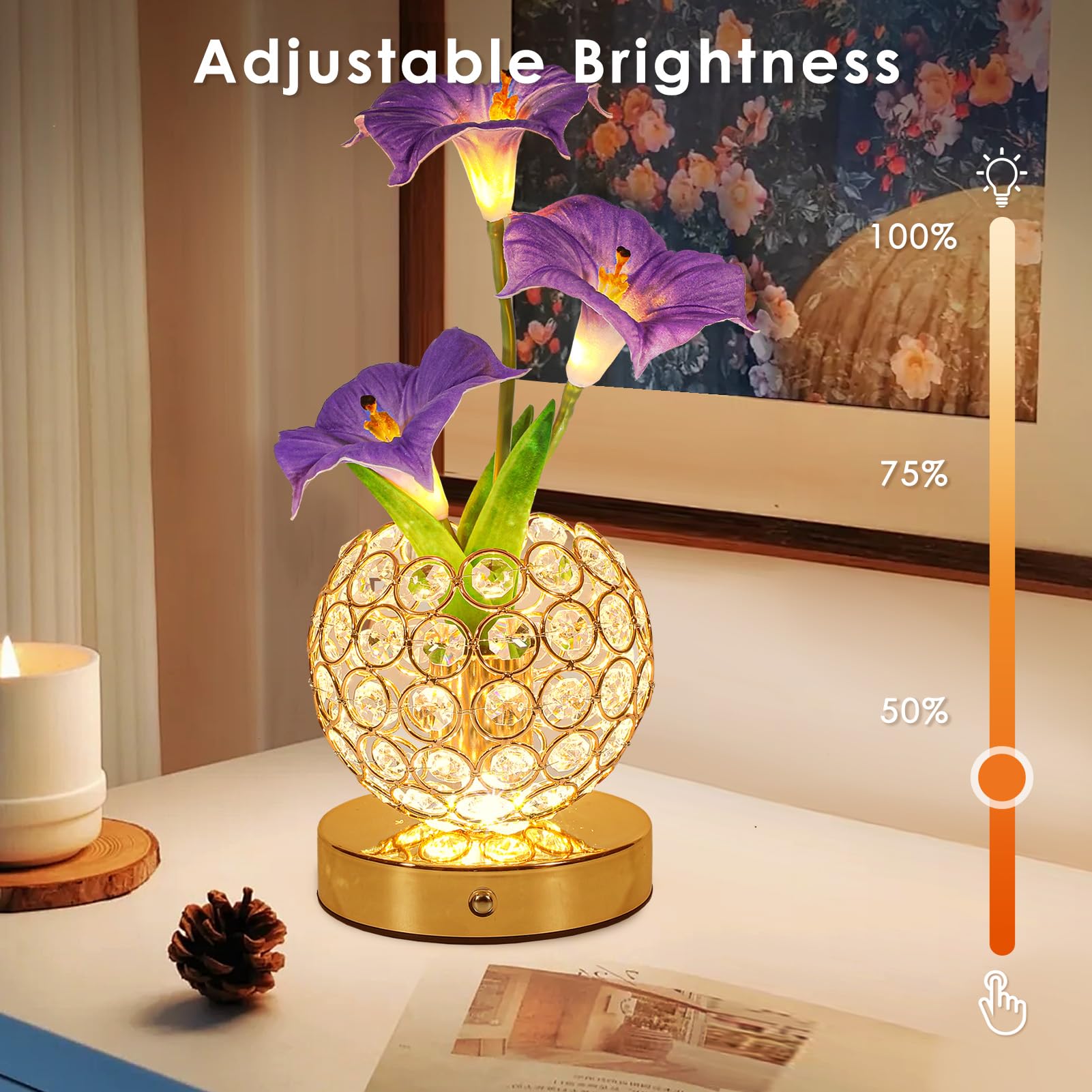 Lazzgan Morning Glory Flower Lamp - Rechargeable Touch Table Lamp, Dimmable LED, 4.72x8.26x9 inches, Purple, Model MGFL001