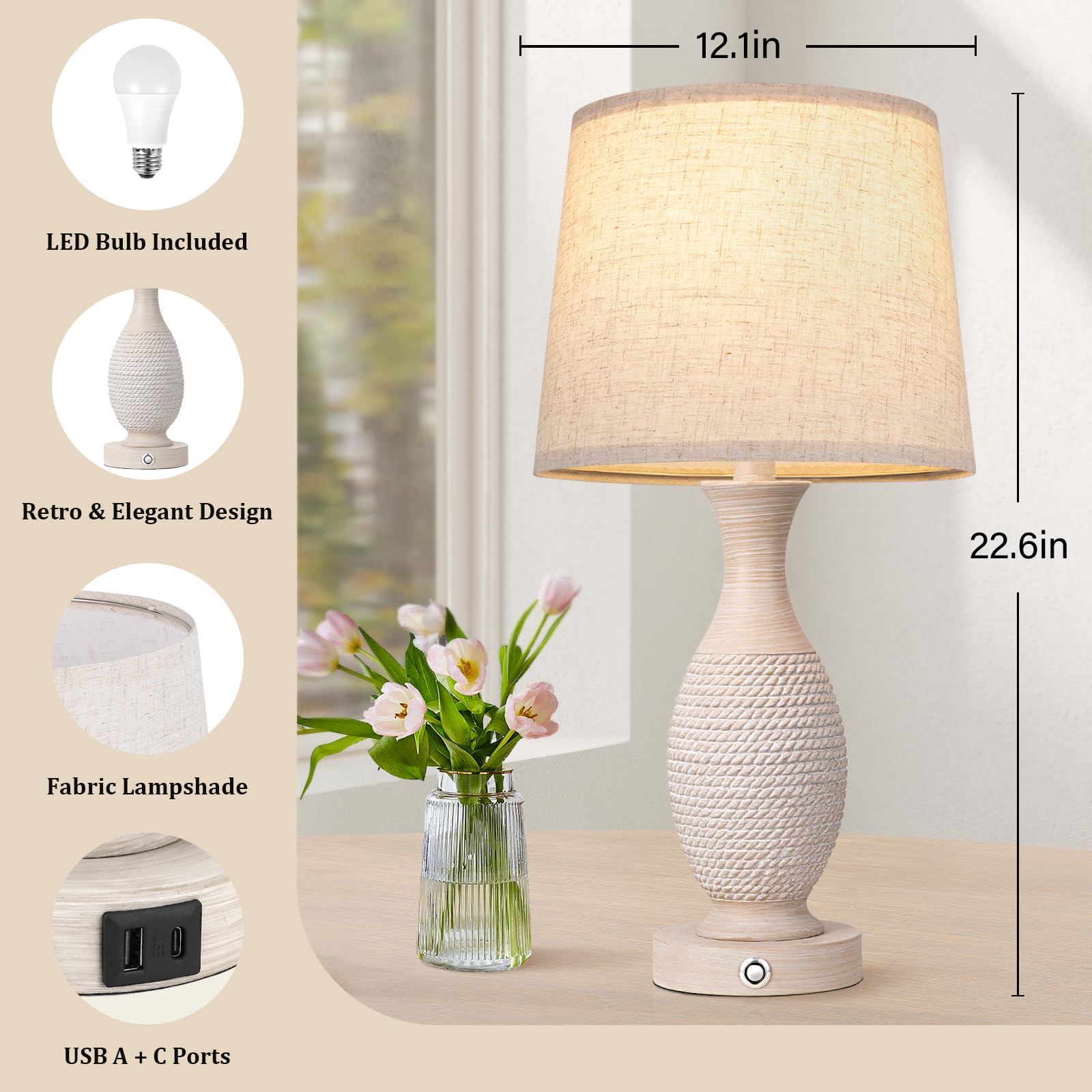 Farmhouse Table Lamps For Bedroom - Bedside Lamps Set Of 2 With Usb C+A, 3-Way Dimmable Touch Lamps For Night Stands Living Room