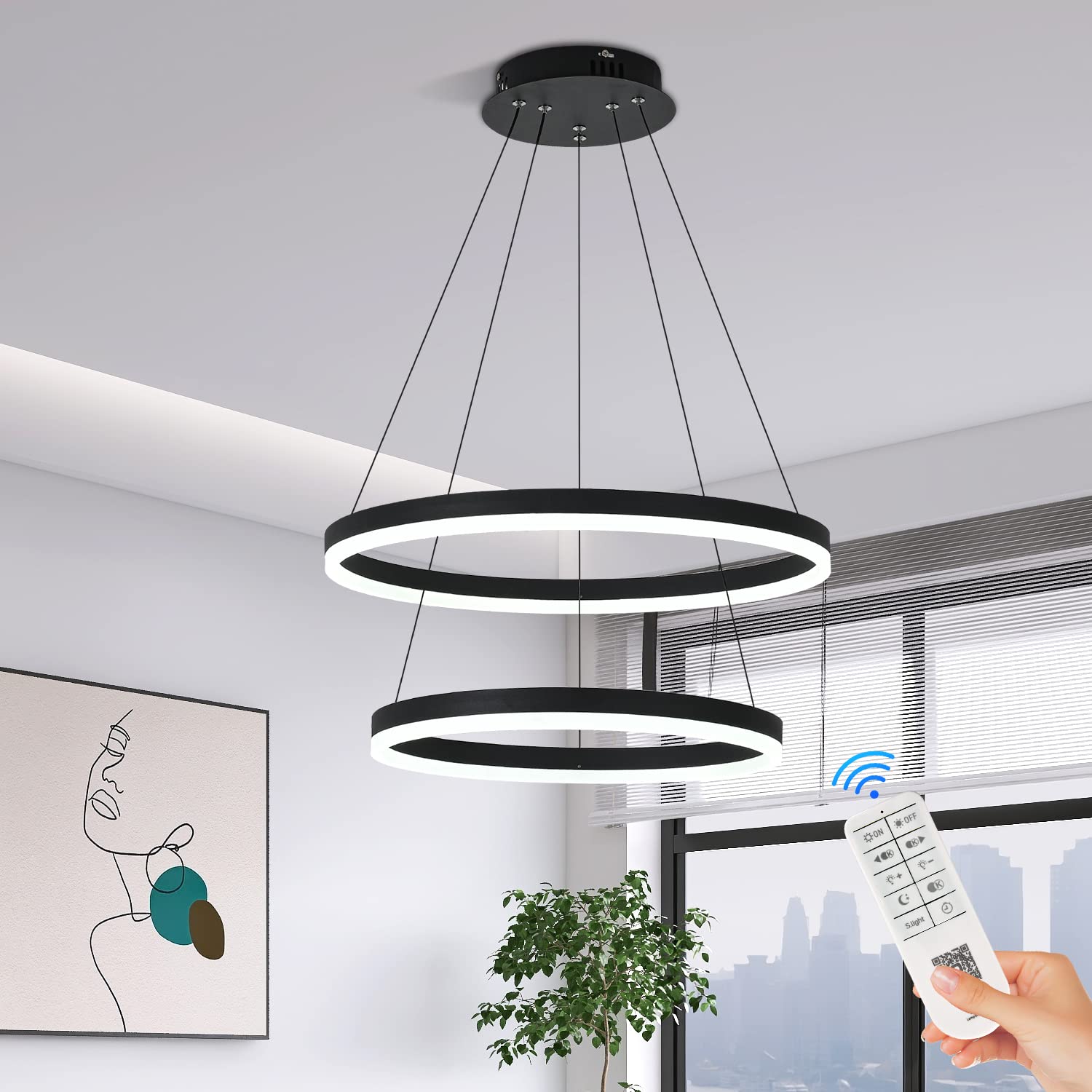 Xgzl · Lighting 2-Rings Modern Led Chandelier Black For Dining Room, Dimmable Pendant Lighting With Remote Control Circular Flush Mount High Ceiling Light For Bedroom Living Room Foyer, 3000K-6500K