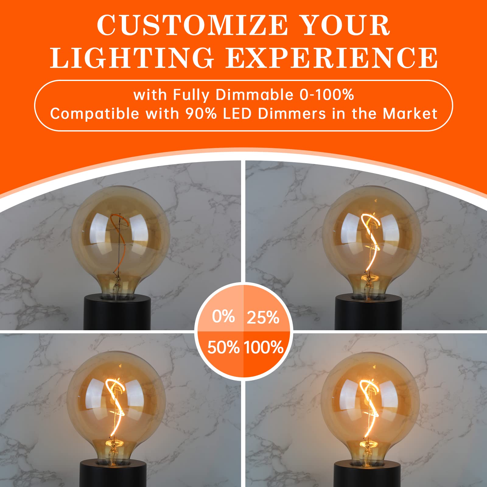 Omed G125 Amber Glass Large Oversized Dimmable Led Edison Bulb, E26 2200K Warm White Extra Big Round Vintage Light Bulbs, 4 Watt