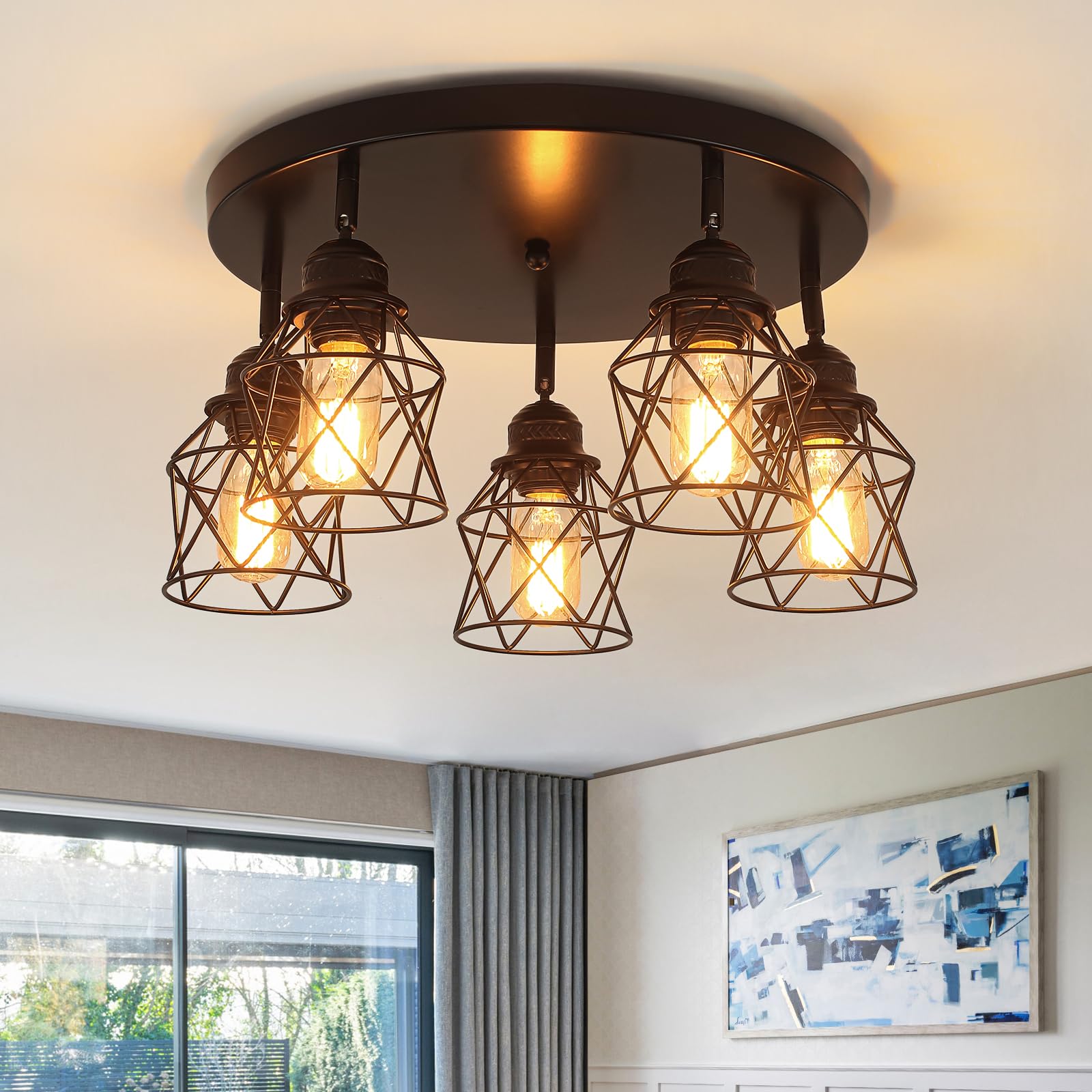 5-Lights Kitchen Light Fixtures Ceiling Mount, Adjustable Multi-Directional Black Flush Mount Ceiling Light, Retro Metal Cage Fa