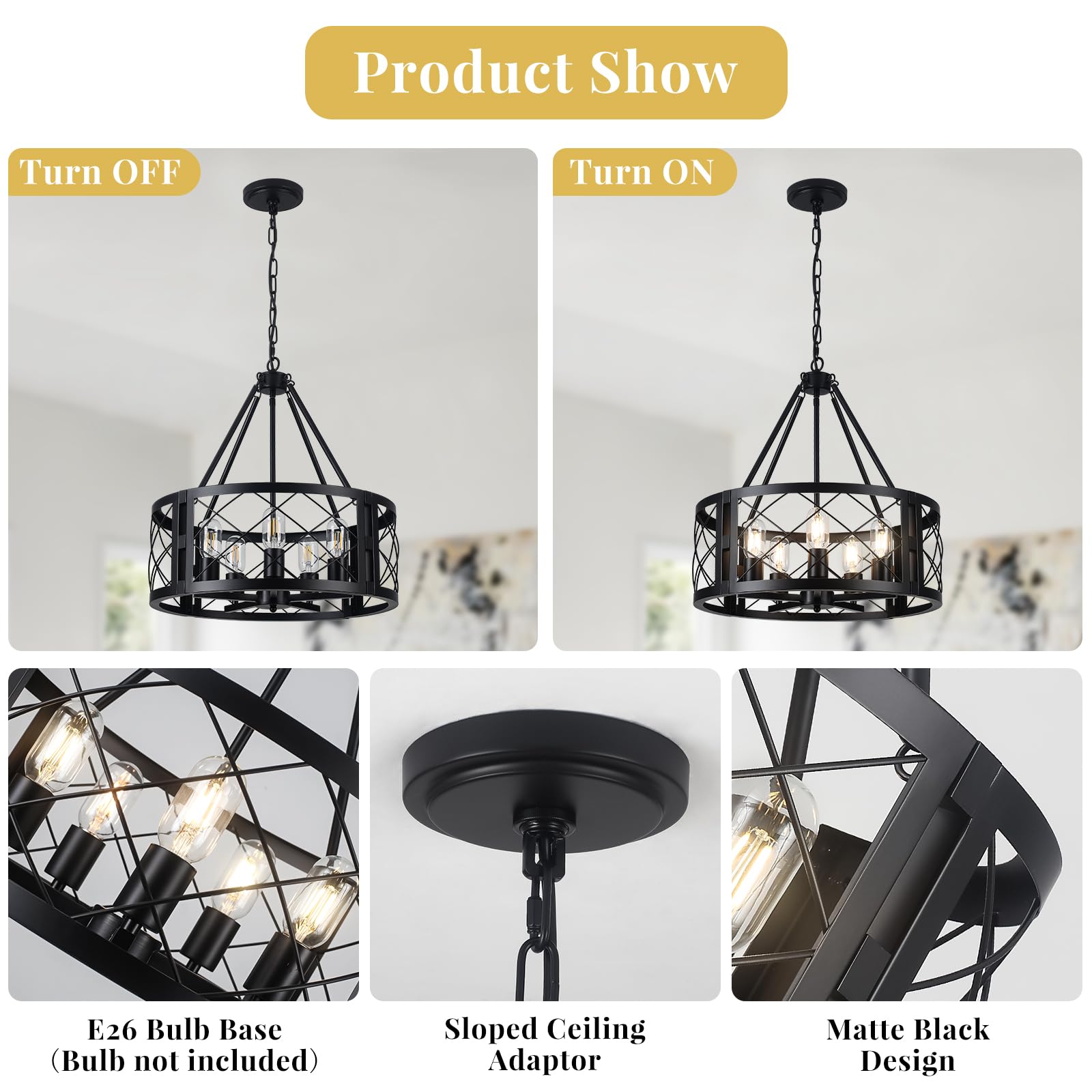 CWarmozy 5-Light Farmhouse Chandelier, 19.8" Black Rustic Pendant Light for Dining Room, Kitchen Island, Entryway, Bedroom, Hallway
