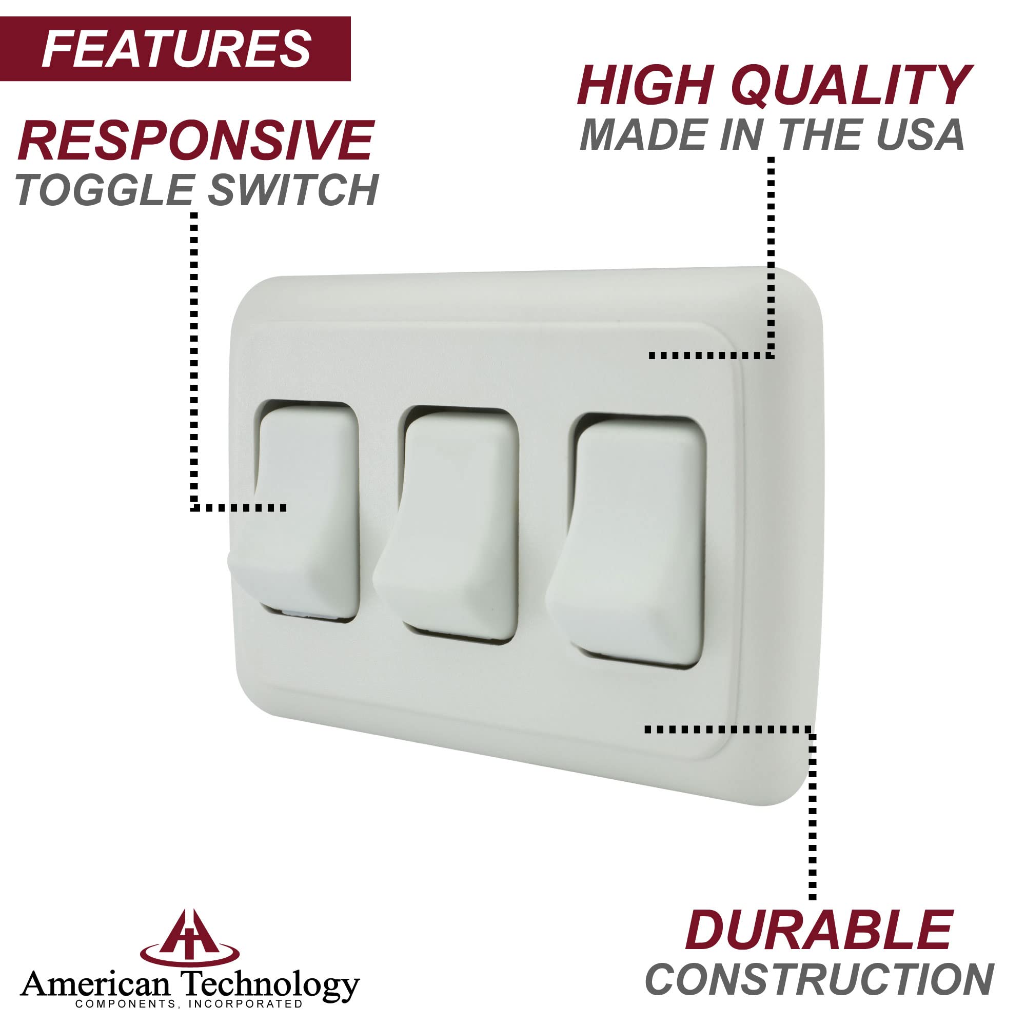 American Technology Components Triple SPST On-Off Switch with Bezel, 12-Volt, for RV, Trailer, Camper (White)