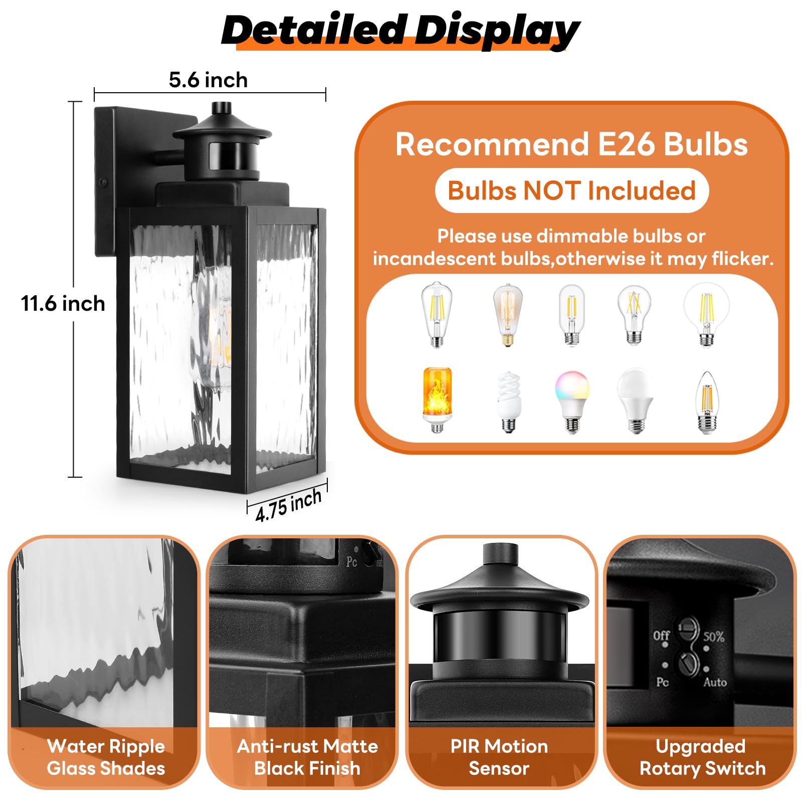 11.6'' Motion Sensor Outdoor Lights Fixture, Dusk To Dawn Exterior Porch Light Wall Mount With Water-Rippled Glass, Black Modern