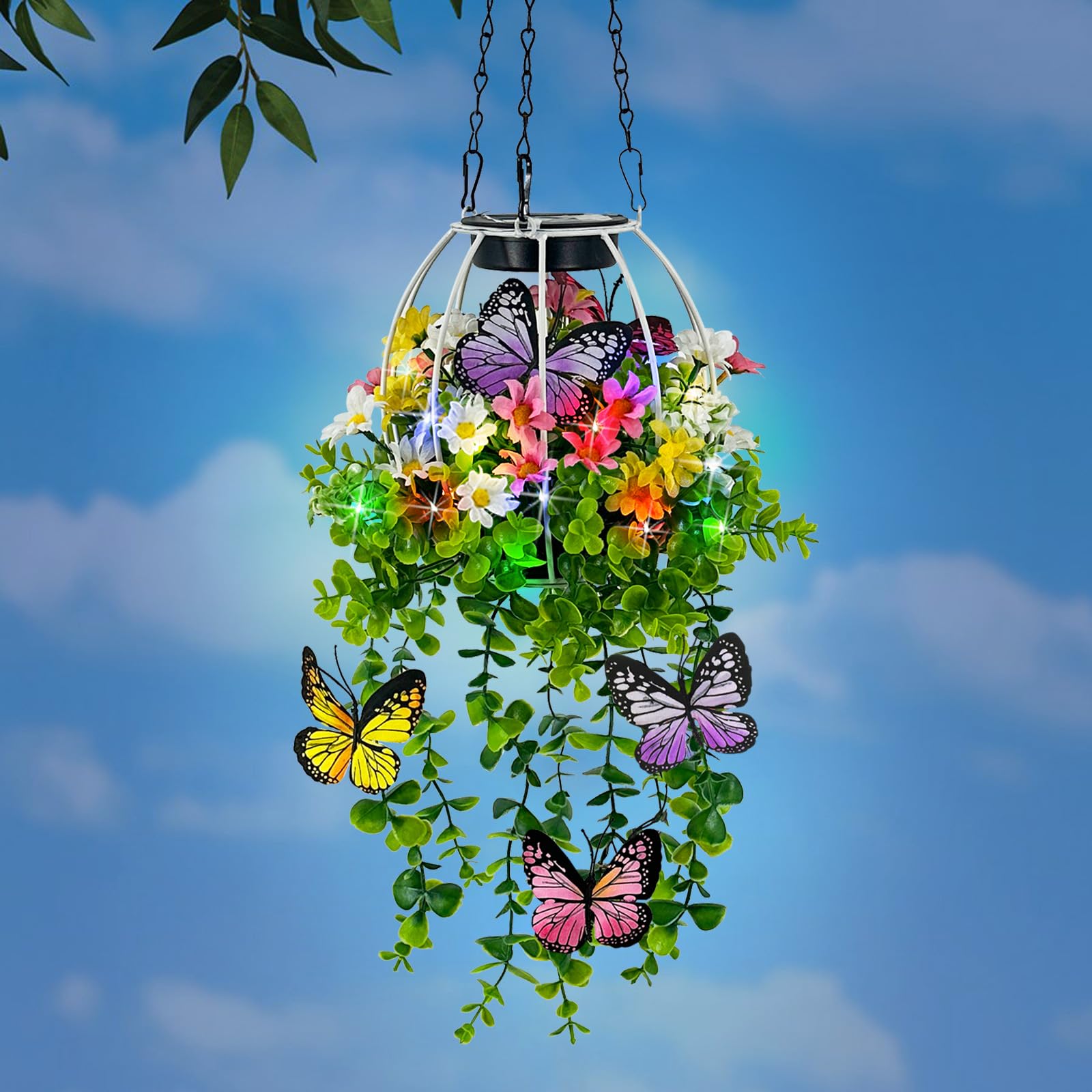 Solar Hanging Lanterns Outdoor Decor,Colorful Lights with Artificial Butterfly & Flowers Danglers for Porch,Yard,Patio,Spring Ga