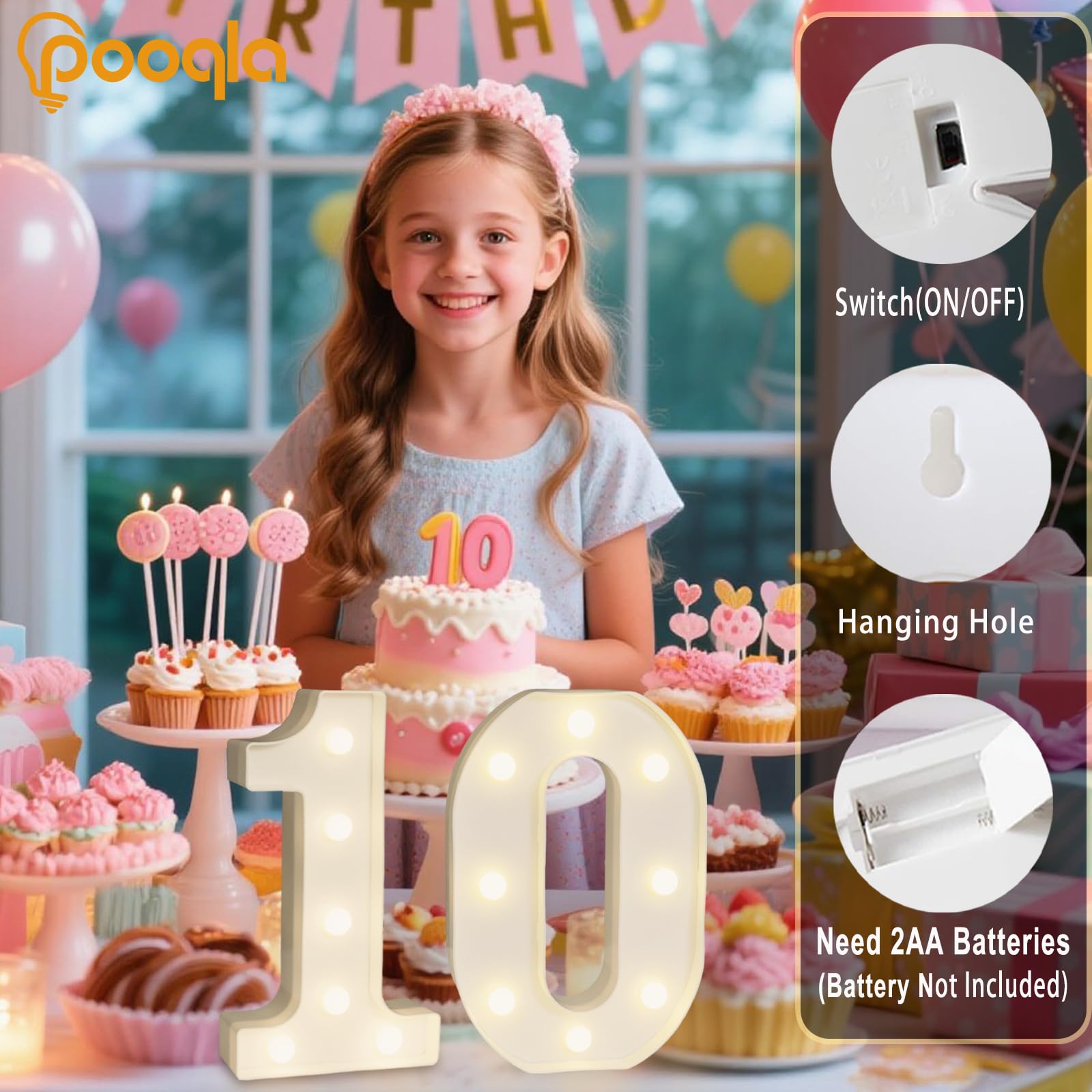 Pooqla Decorative LED Number Lights Sign, Warm White Plastic Marquee, Battery Operated, Number 0