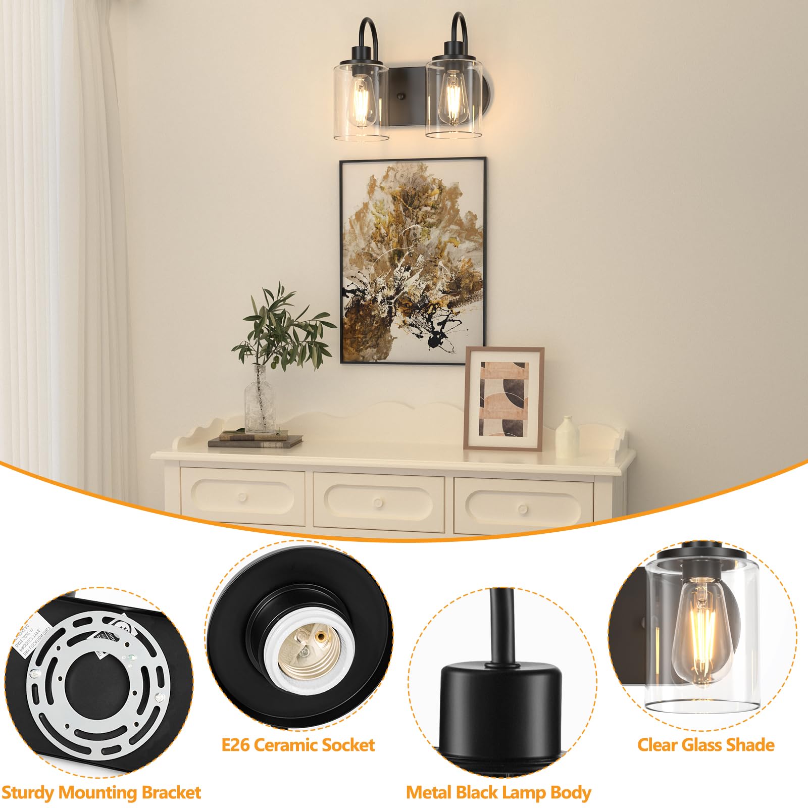 Baocuz 2-Light Black Bathroom Vanity Light, Bathroom Lights Over Mirror, Modern Vanity Lights With Clear Glass Shade, Farmhouse