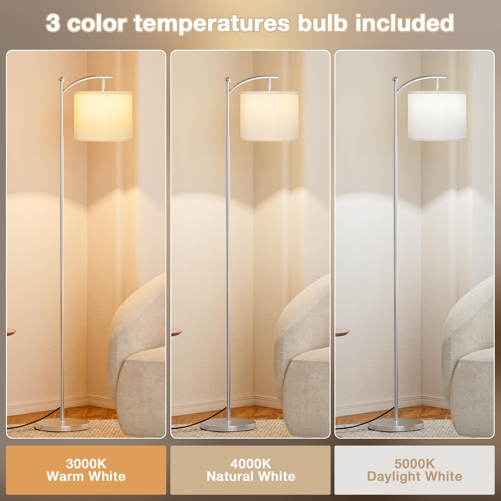 60" Floor Lamps For Living Room With 3 Color Temperatures, Adjustable White Shade With Silver Pole, Tall Lamps For Living Room Bedroom Office Classroom Dorm Room, 9W Bulb Included