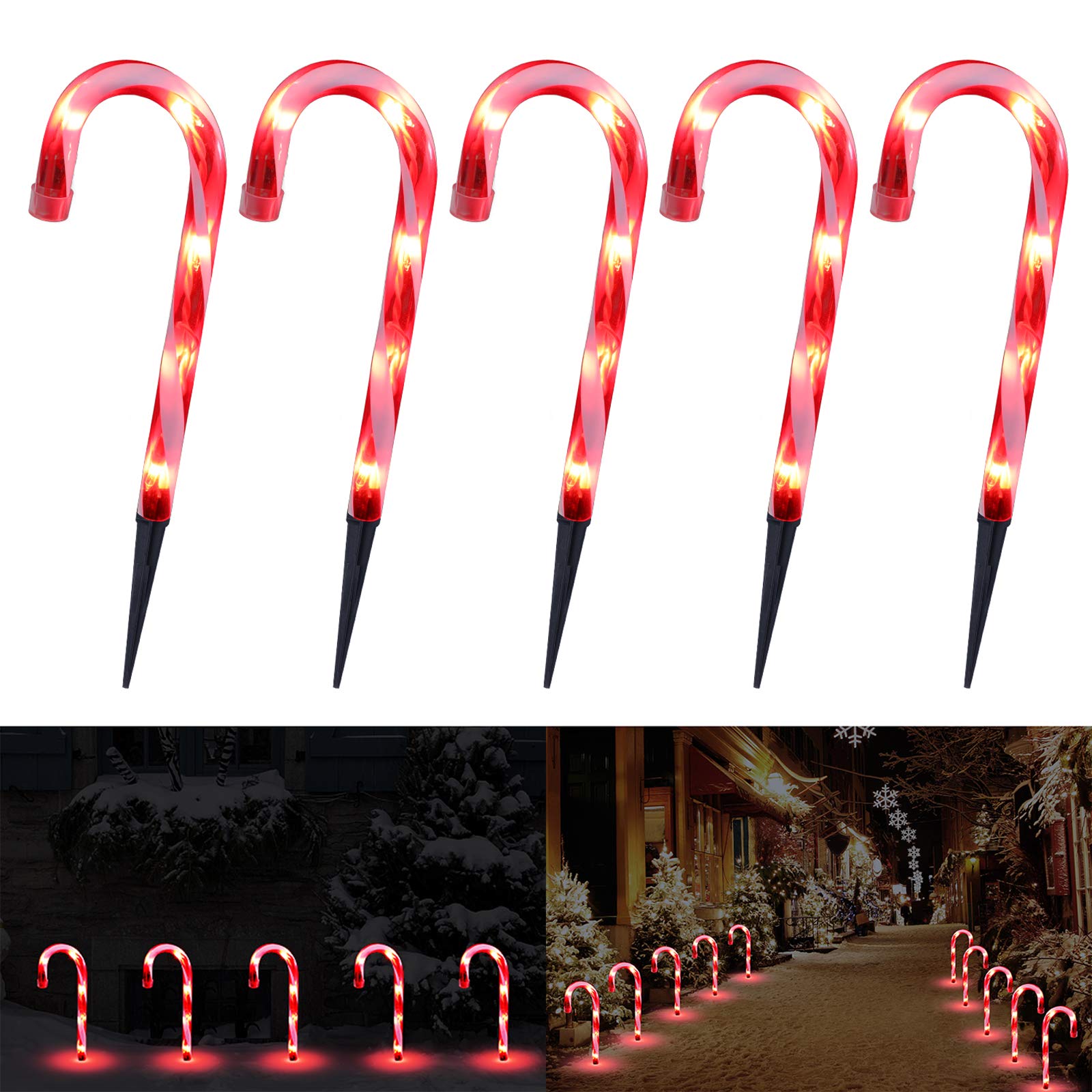 TIGOMOOV Christmas Candy Cane Lights Set of 5, 12in Red-White Plastic Pathway Decorations for Outdoor Holiday Lighting