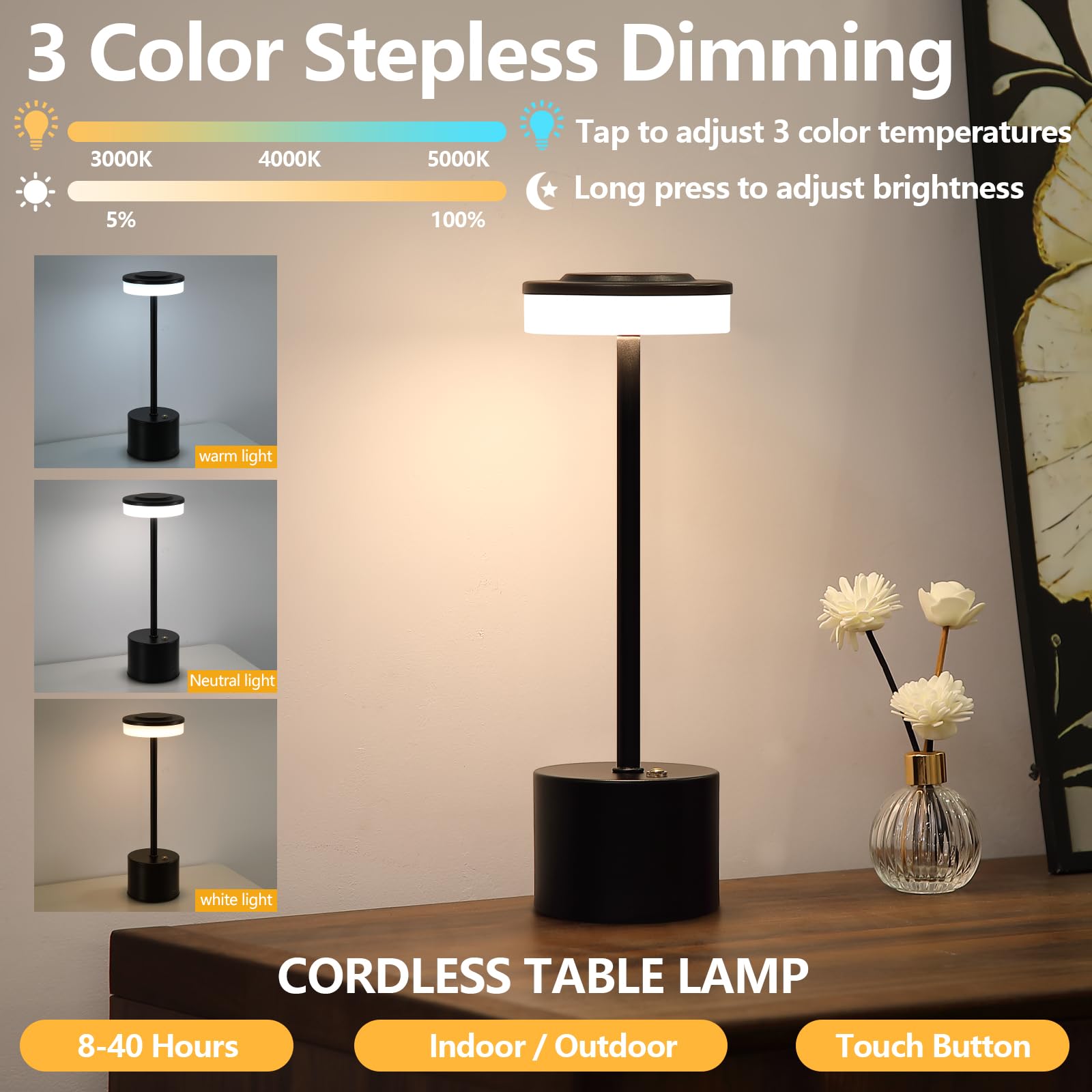 Aihying 2 Pack Black Cordless Table Lamp Portable Led Desk Lamp 5000Mah Battery Operated 3 Color Stepless Dimming Up For Restaur