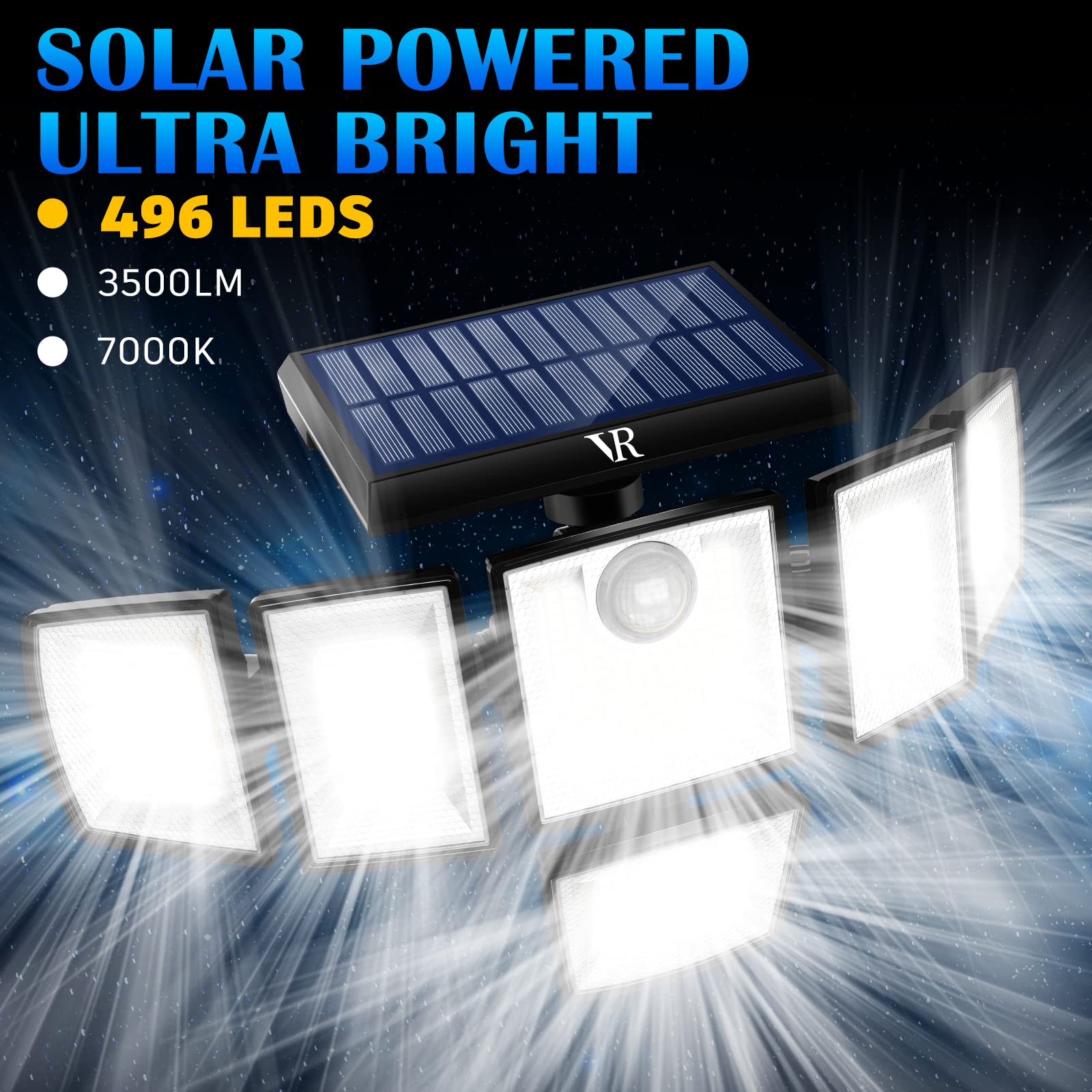 VENSSTNOR Solar Motion Sensor Flood Lights - 496LEDs, 3500LM, 3 Modes, 3 Levels Brightness, 6 Heads, IP65, 3 Pack,