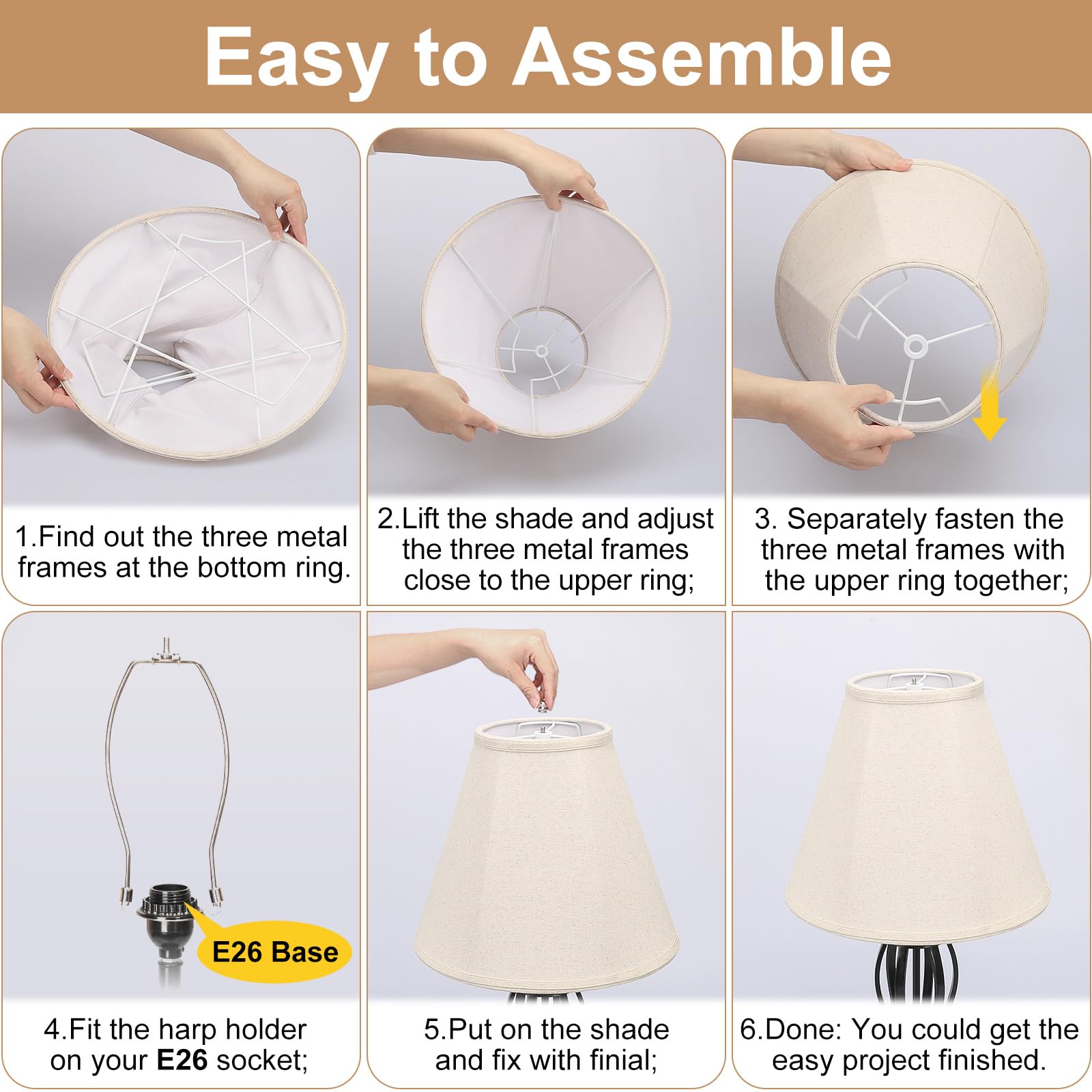 Seaside Village Bell Lamp Shades Set of 2, Beige Fabric, 6in Top x 13in Bottom x 10in High, Hand Crafted, Spider Fitter
