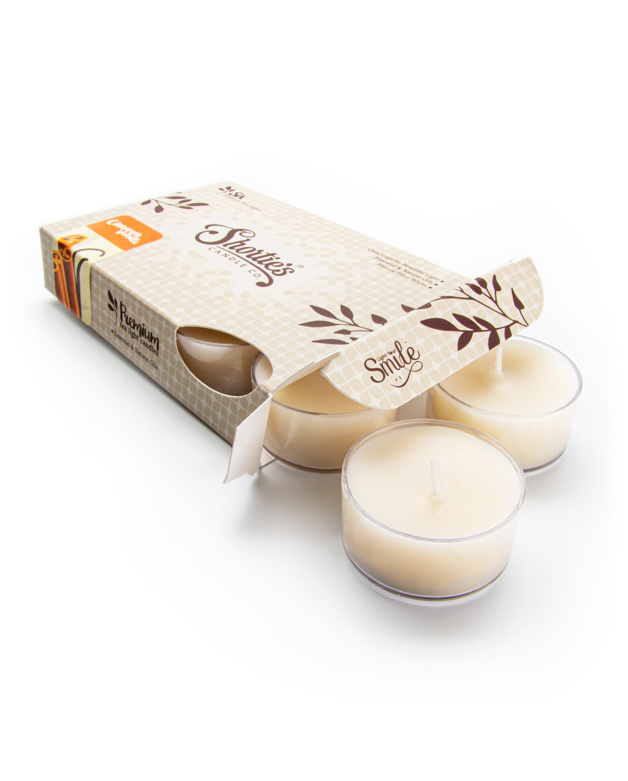 ShortieS Candle Company Cinnamon Vanilla Tealight Candles - 6 Scented Beige Tea Lights - Made In The Usa - Paraffin Wax