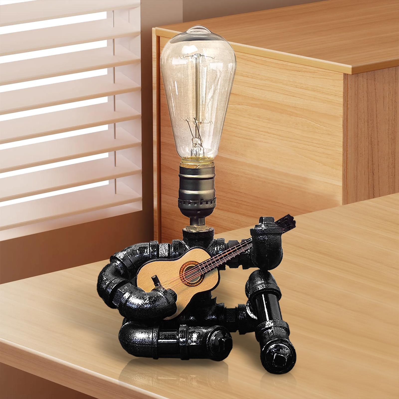 CHXTX Music Table Lamp - Retro Steampunk Edison Bulb, 11*6in Wood Decor for Music Lovers, Metal Guitar Lamp 01