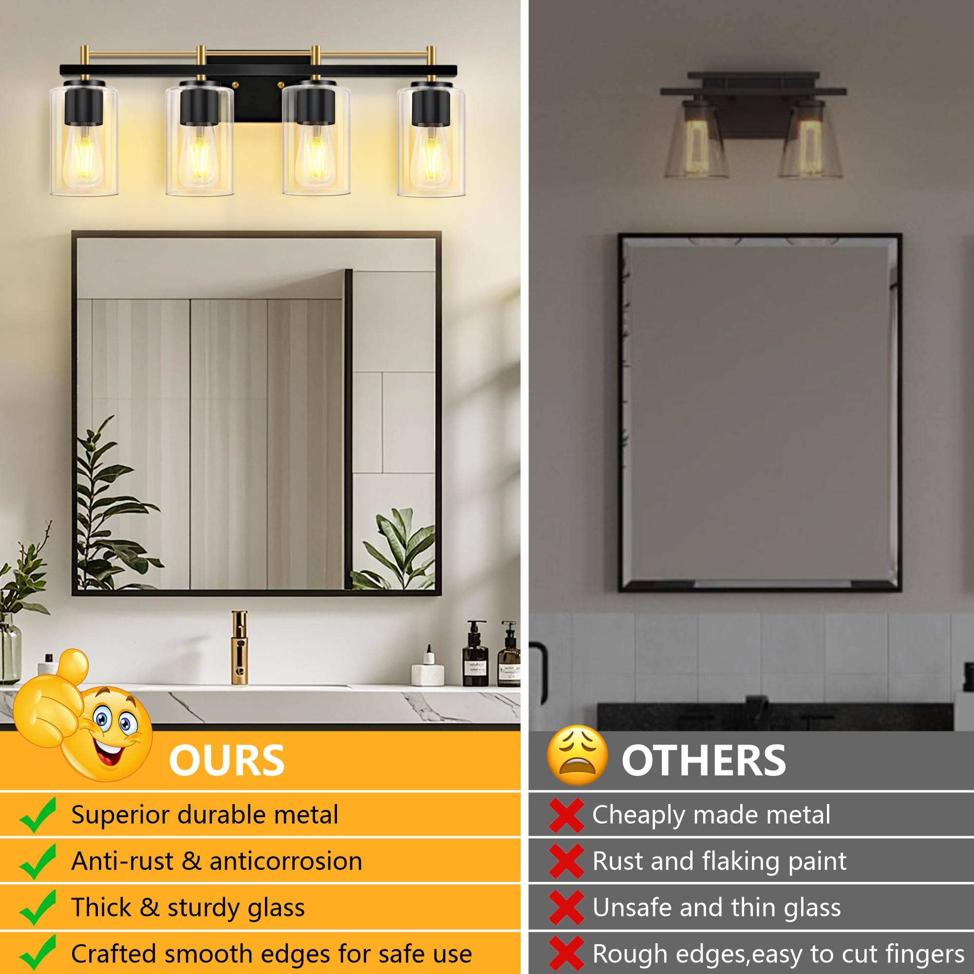 LETRY Bathroom Vanity Light Fixture, 4-Light, Iron, Black and Gold, Model BL-4-BG, Clear Glass Shade for Mirror