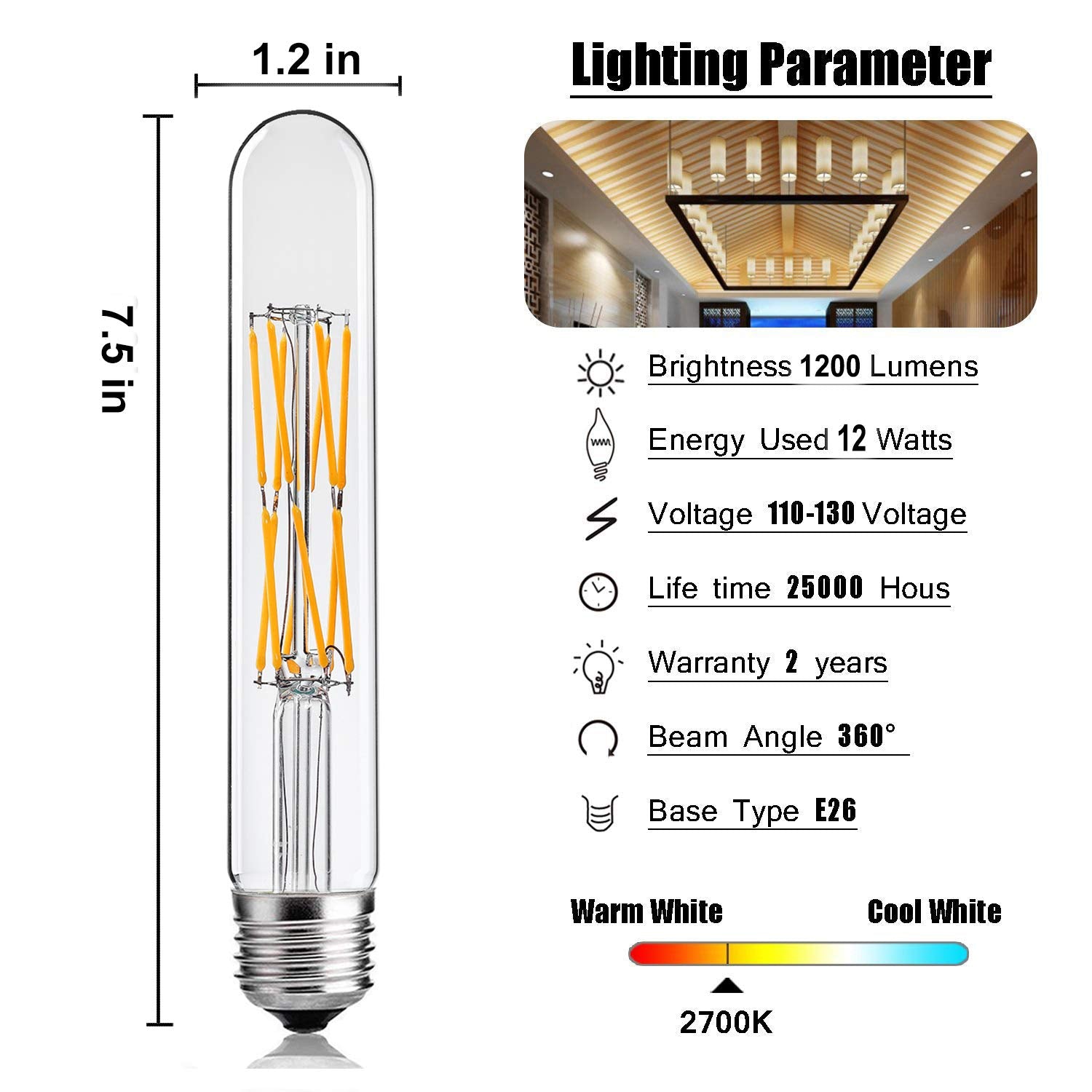 Leools T10 LED Bulbs, 12W Dimmable Edison Style, 2700K Warm White, Glass, 3-Pack, 7.3in Long Tube