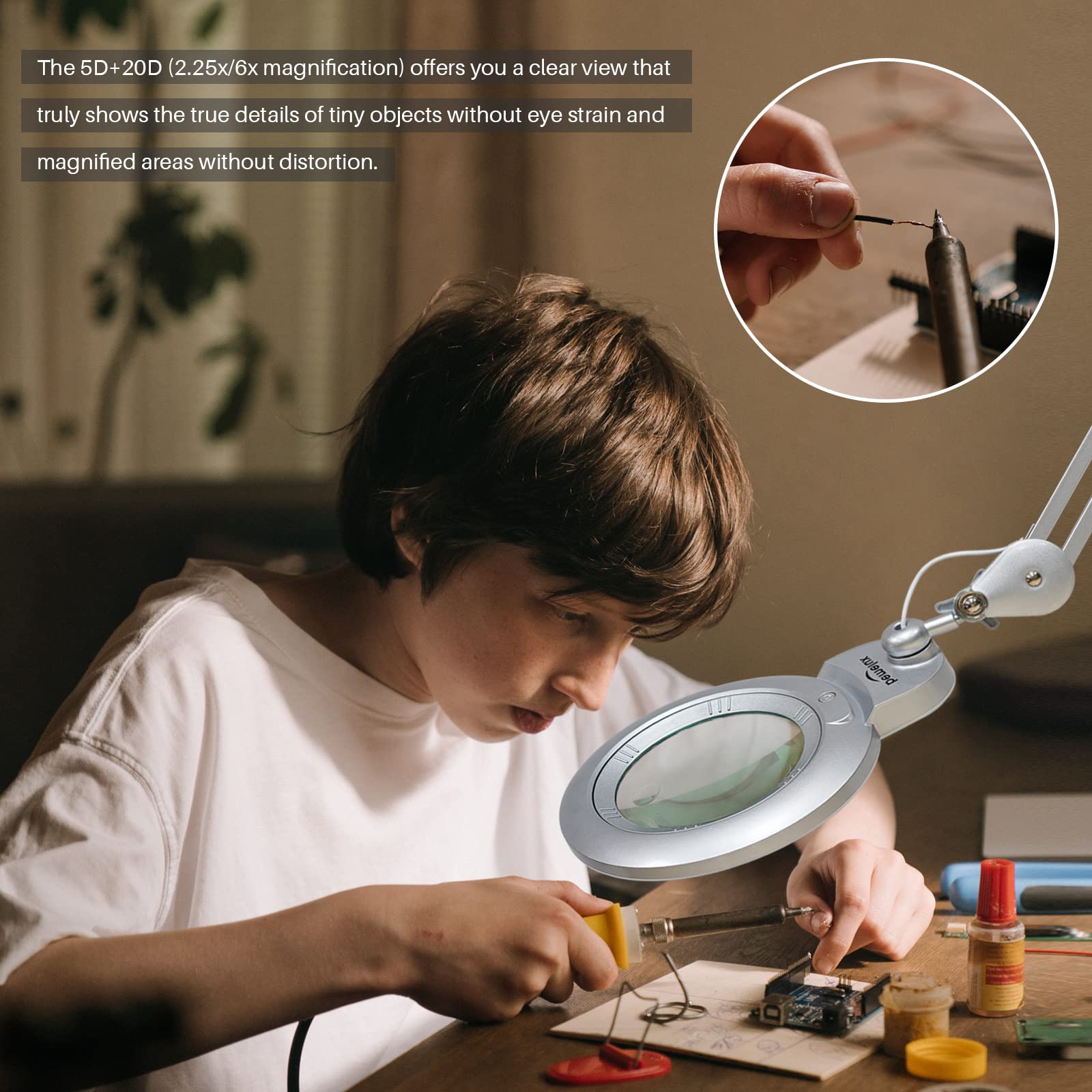 Bemelux Bifocals Magnifying Desk Lamp, 5 Diopter & 20 Diopter, 6in Lens, 1200 Lumens, Silver, Model BLUX9006LED