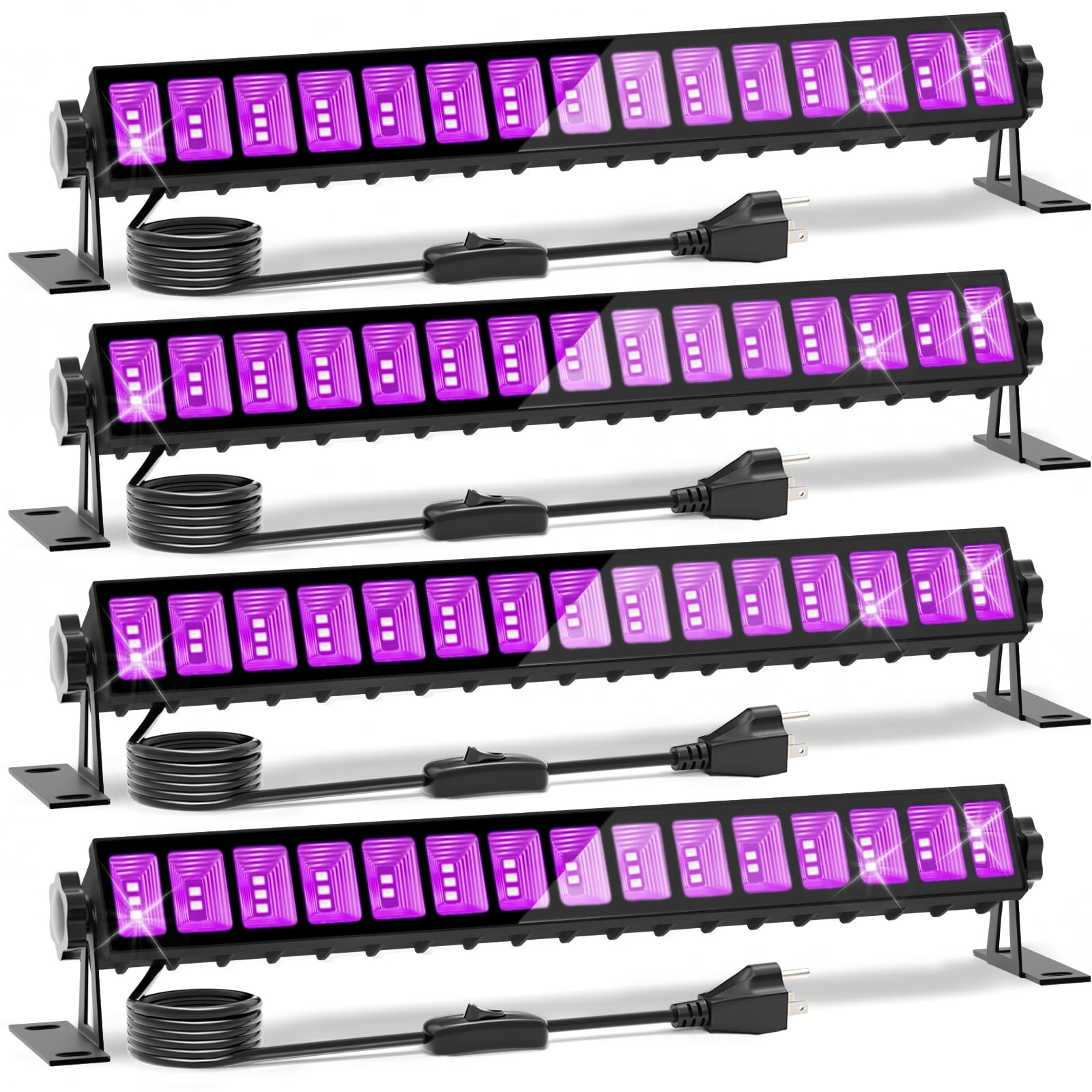 4 Pack LED Black Lights, Blacklight Bars with Plug+Switch+6ft Cord, Light Up 24x24ftx4, IP66 Waterproof Blacklight for Glow Party, Fluorescent Poster, Body Paint, Halloween Decorations, Bedroom, Stage