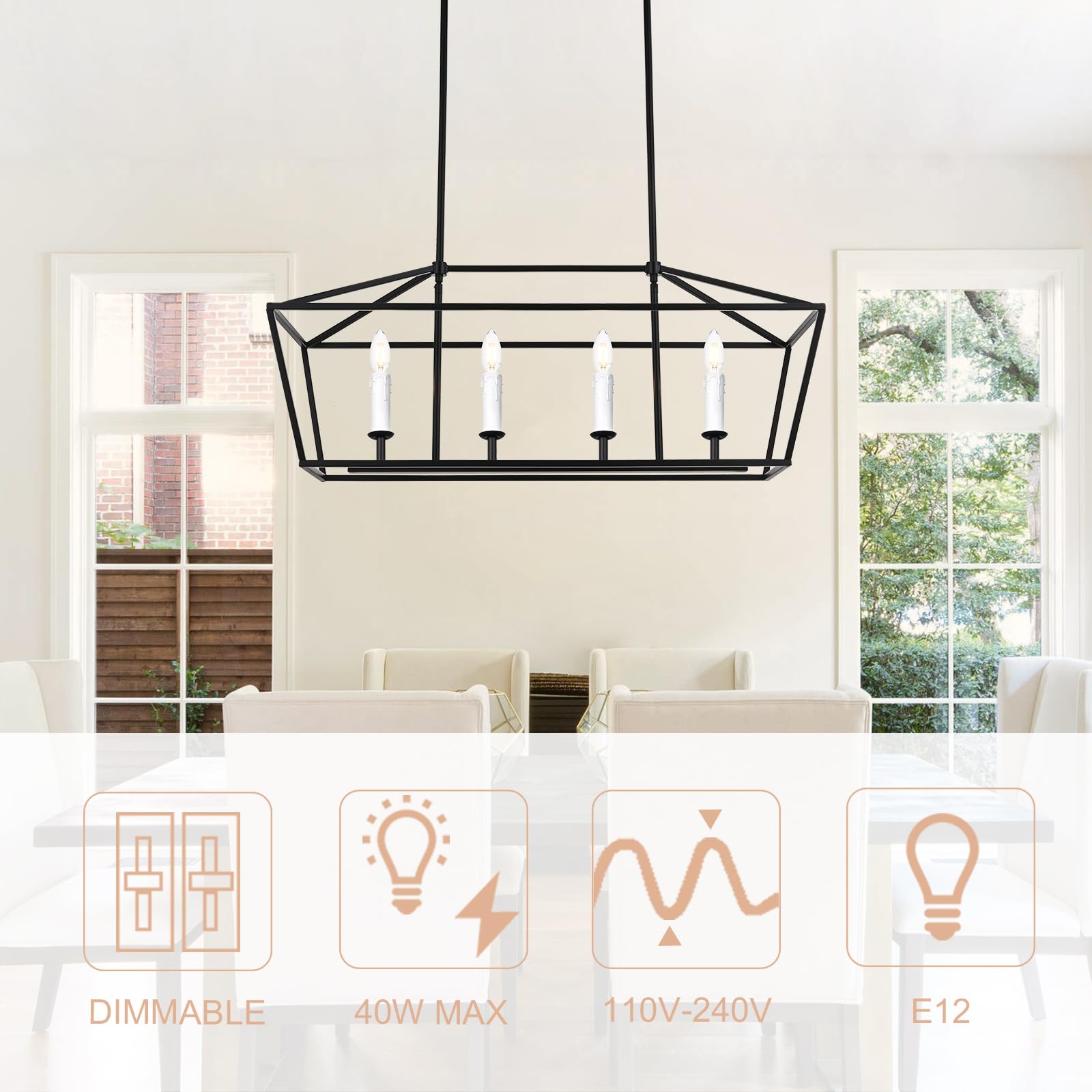 Winshen 4-Light Kitchen Island Lighting  Modern Black Dining Room Chandelier Over Table Pendant Light Fixture  E12 Bulb Base