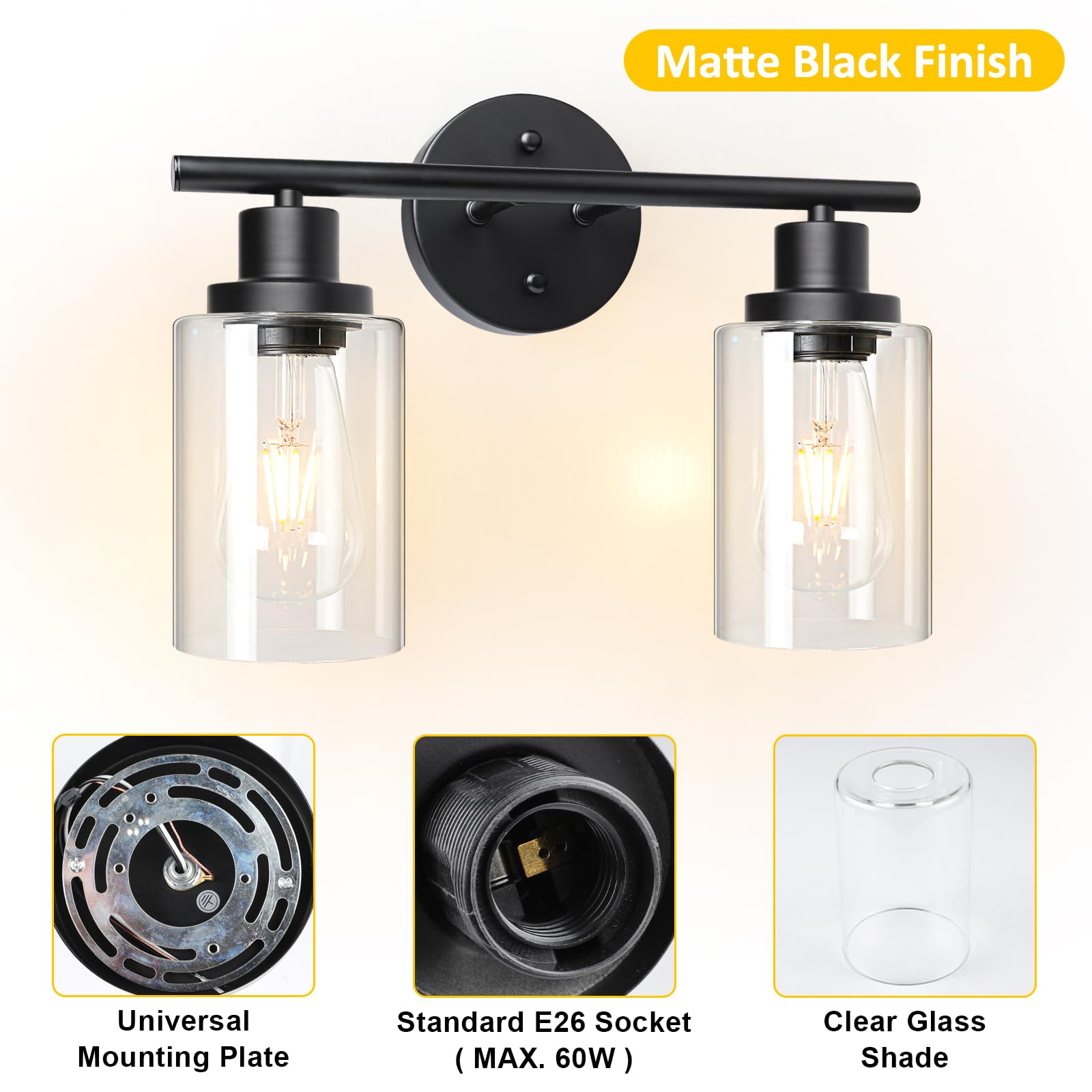 Unicozin 2 Light Vanity Lights, Black Wall Sconce Light With Clear Glass, Bathroom Light Fixtures, Wall Lights For Mirror, Livin
