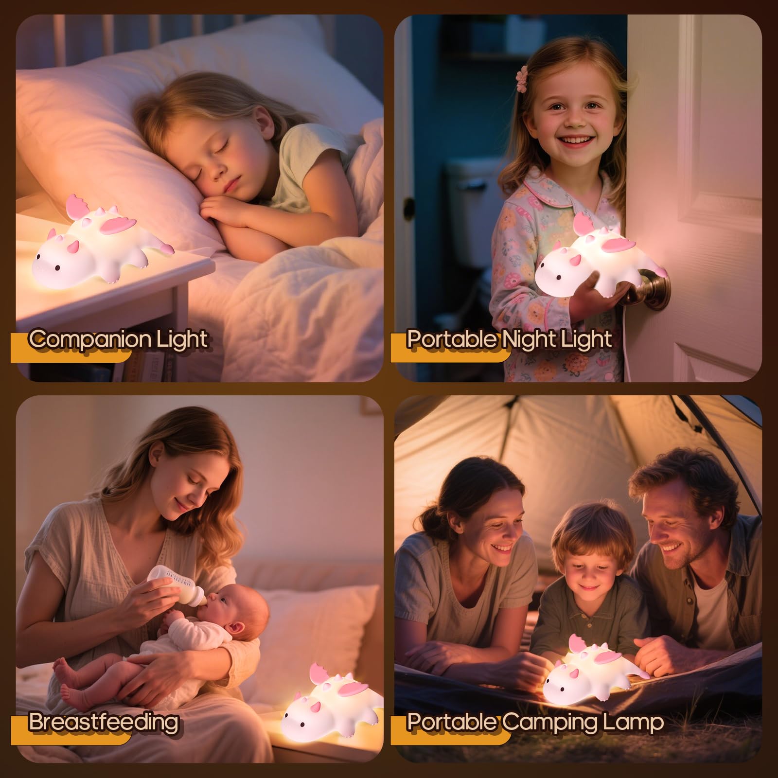 Gusweet Cute Dragon Night Light, Dimmable Silicone Lamp, 7 Colors, Rechargeable, Pink, Model: Axolotl