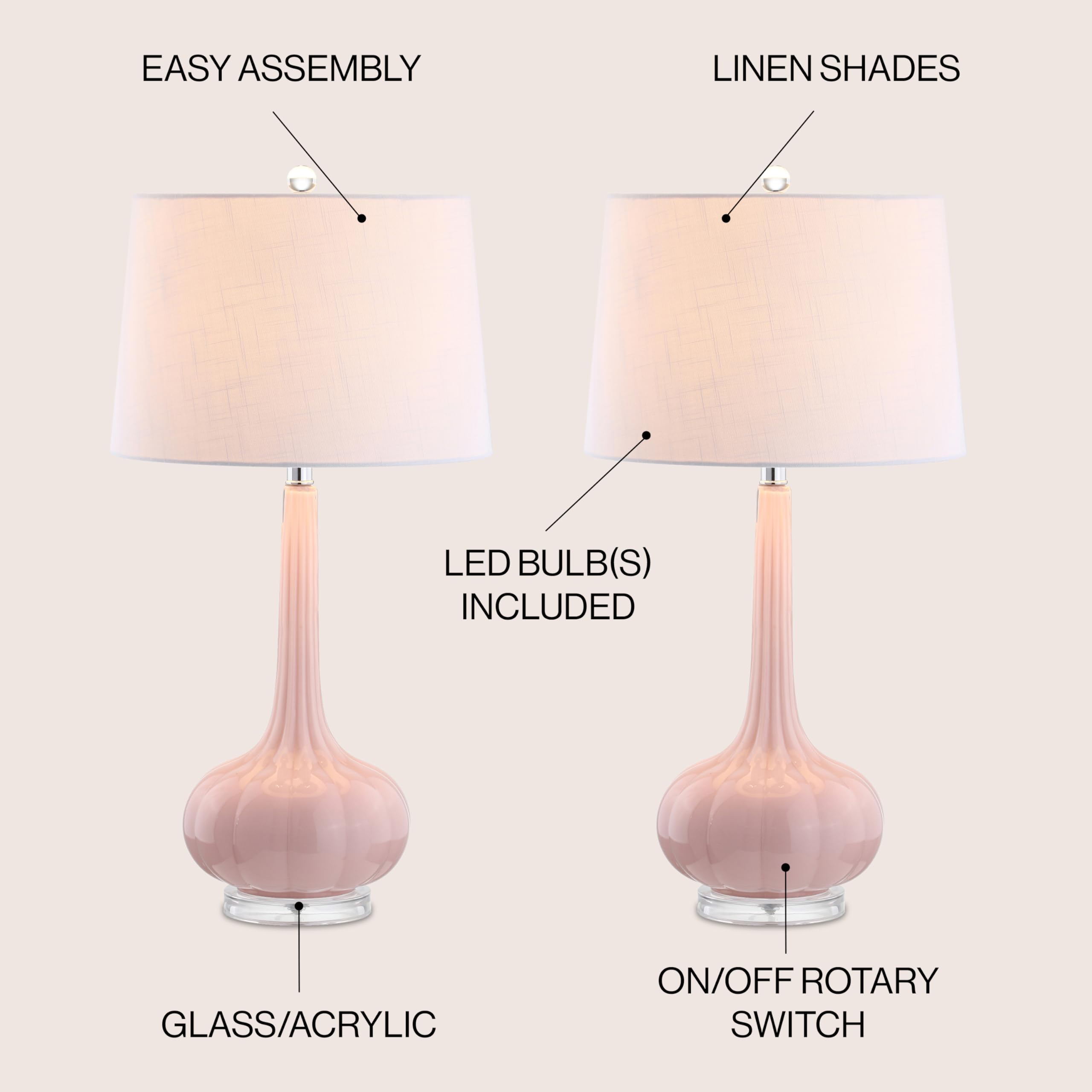 JONATHAN Y Bette Set of 2 Table Lamps, 28.5" Glass Teardrop LED, Pink, Model JYL1079A-SET2, Contemporary Bedside Desk