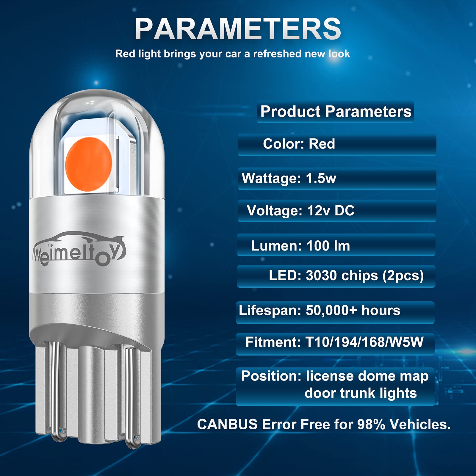 Weimeltoy 194 Led Car Bulb Red 3030 Chipset 2Smd T10 194 168 W5W Led Wedge Light Bulb 1.5W 12V License Plate Light Courtesy Step Lighttrunk Lamp Clearance Lights (12Pcs/Pack)…