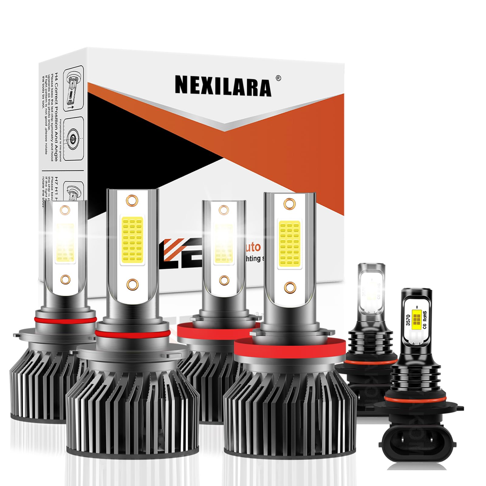 NEXILARA HB3/9005 High Beam & H11/H8/H9 Low Beam Combo Fog Light Bulbs, 600% Brightness, 6500K White, Pack of 
