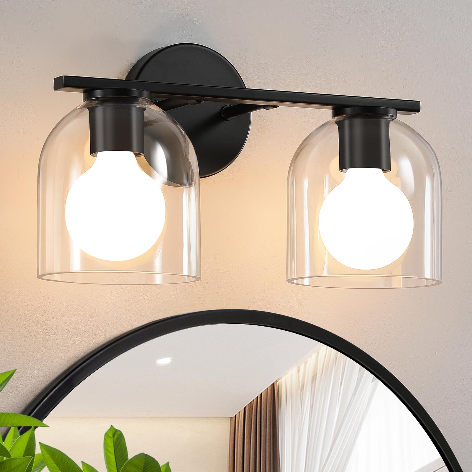 WOSHITU Bathroom Vanity Light Fixtures 2-Light Matte Black Aluminum Over Mirror, Model 8202 with Clear Glass Shade, 14.2 Inch