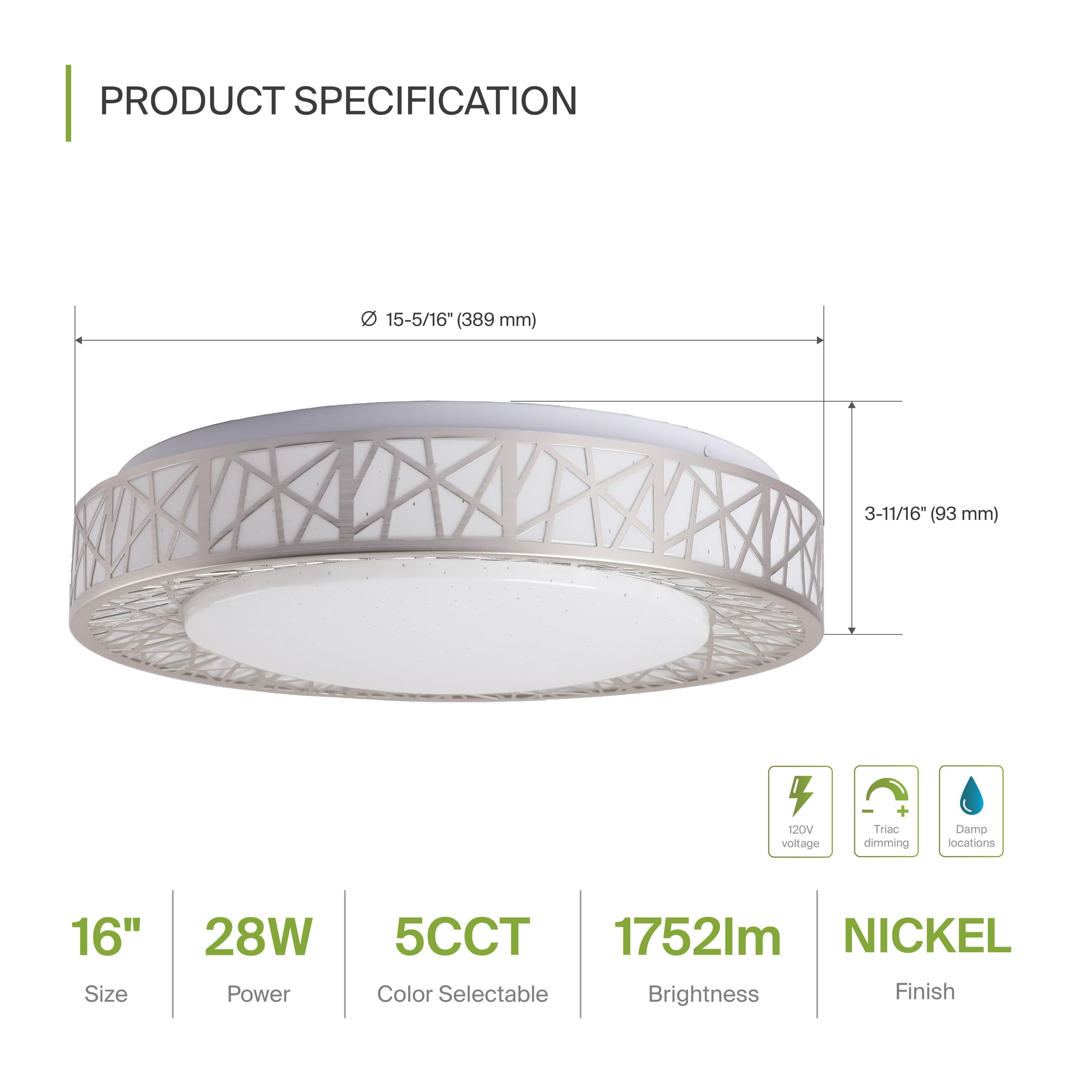 ASD 16 Inch LED Flush Mount Ceiling Light - 28W, 1752LM, Dimmable, Brushed Nickel, Model A-LOFT-FM-16D28NK