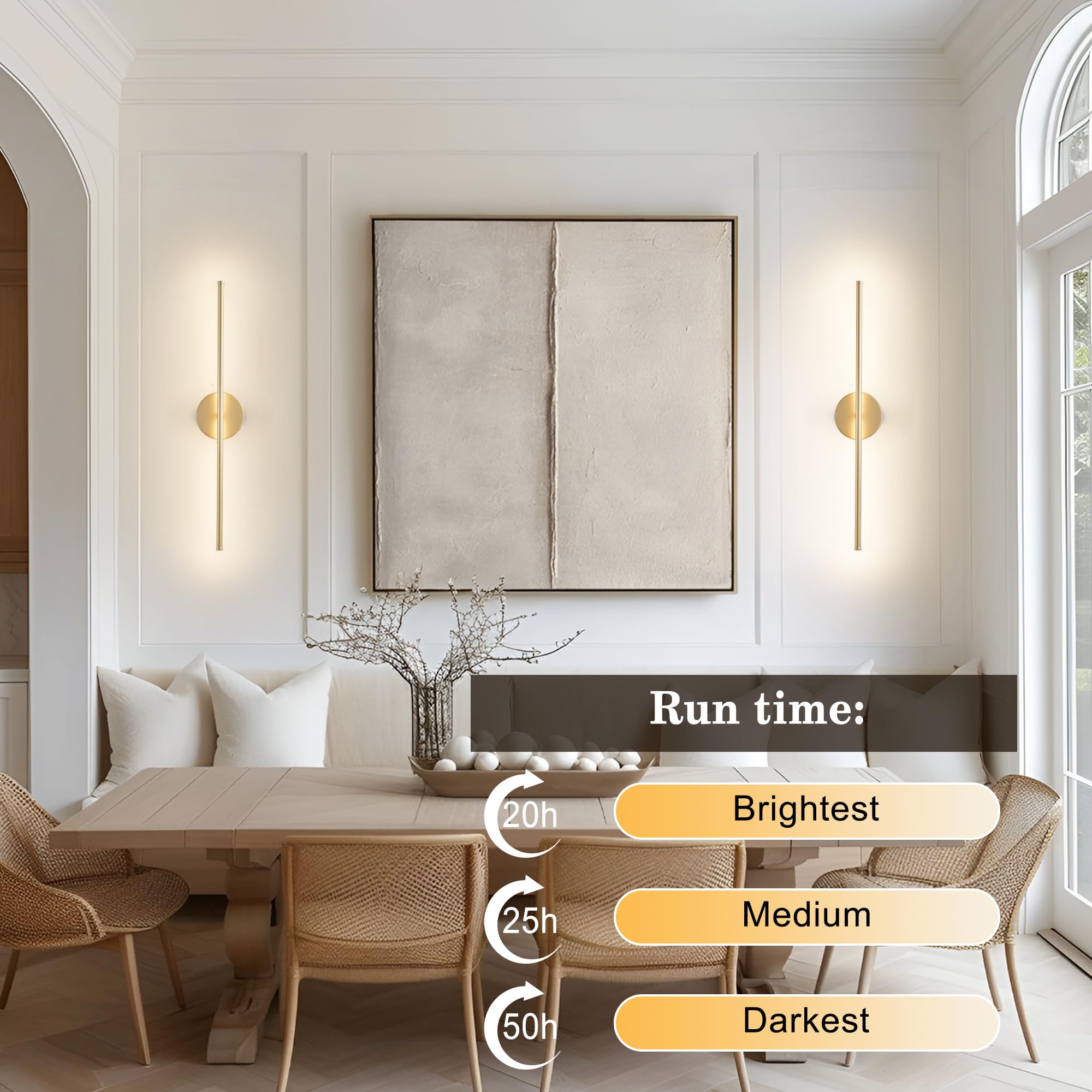 KARTOOSH Wall Sconces - Removable Battery Operated, Remote Control, 350° Rotate, 24.4" Gold LED Lights (2 Pack) - 3 Color Temperatures
