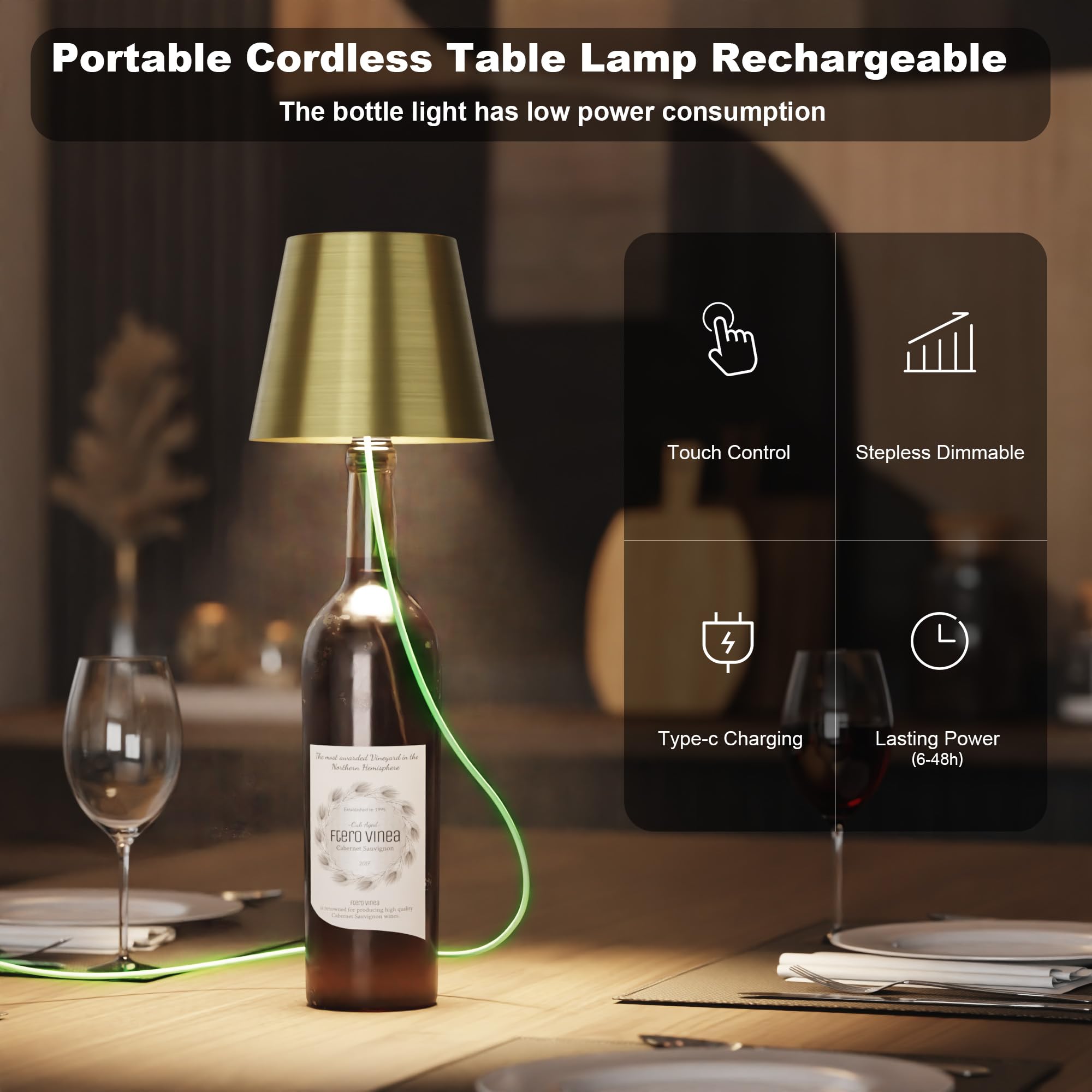 ULAROOM Wireless LED Bottle Lamp, Rechargeable USB-C, 3 Color Dimmable, Small Bedside Desk Lamp, Gold