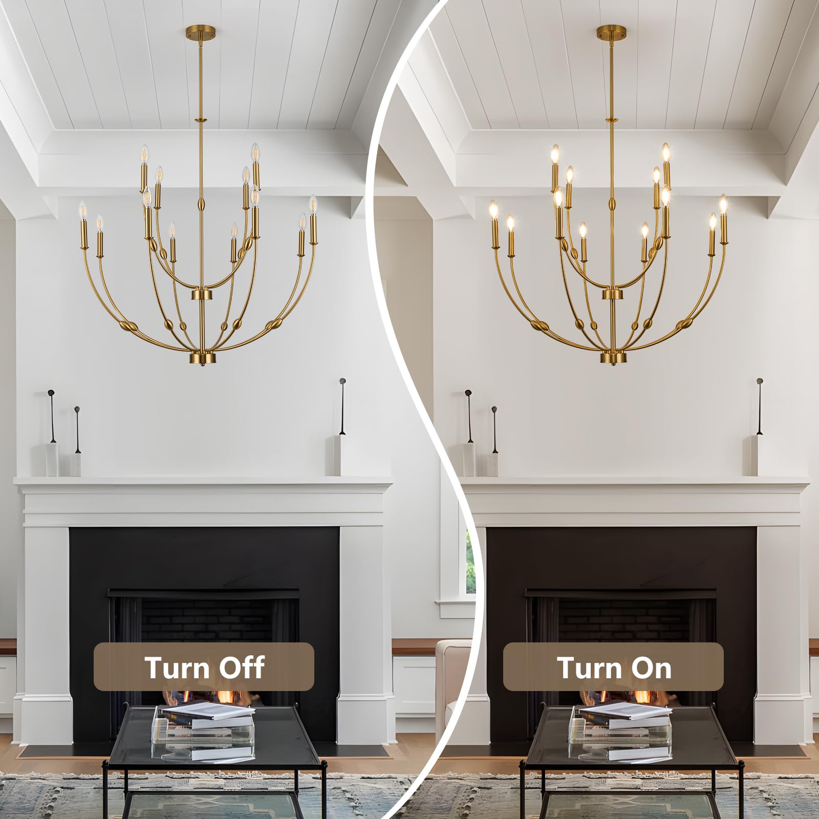 Acaner 12-Light Brushed Gold Large Chandeliers For High Ceilings, 35 Inch Candle Style Rustic Pendant Light Fixture For Entryway