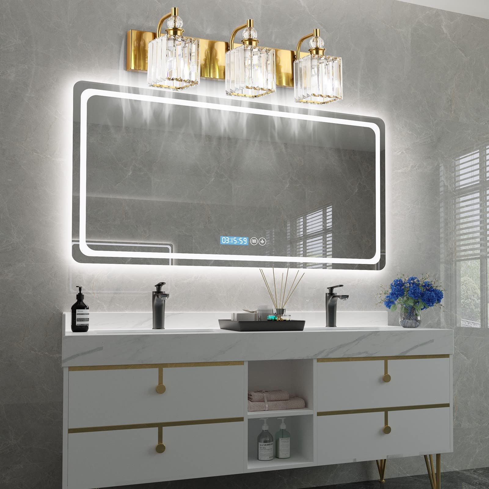 Ralbay 3-Light Gold Crystal Bathroom Vanity Lights, 24 Modern Metal Fixture, Model 8606