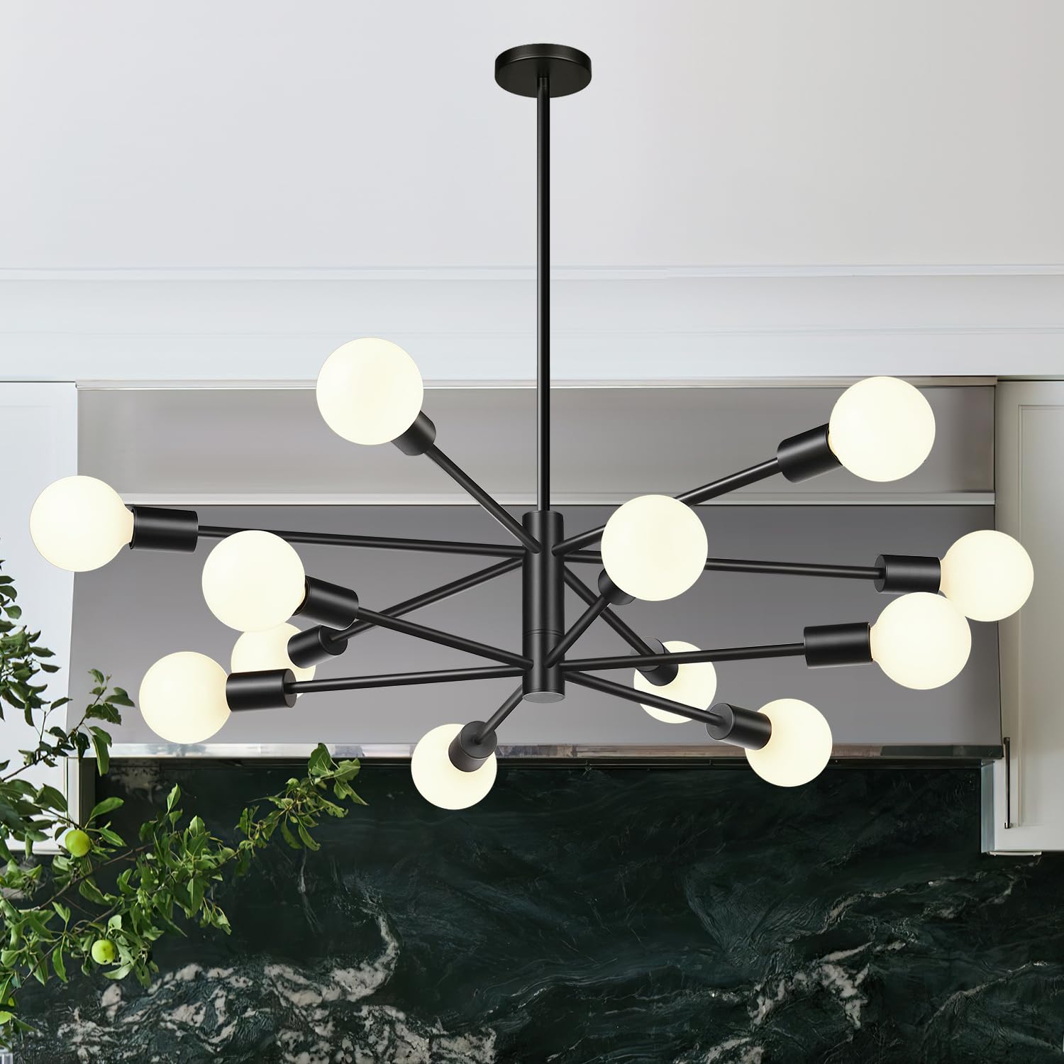MQMQA 33in Modern Chandelier - 12-Light Sputnik Ceiling Light Fixture, Matte Black, Adjustable Height, Model L240083P12