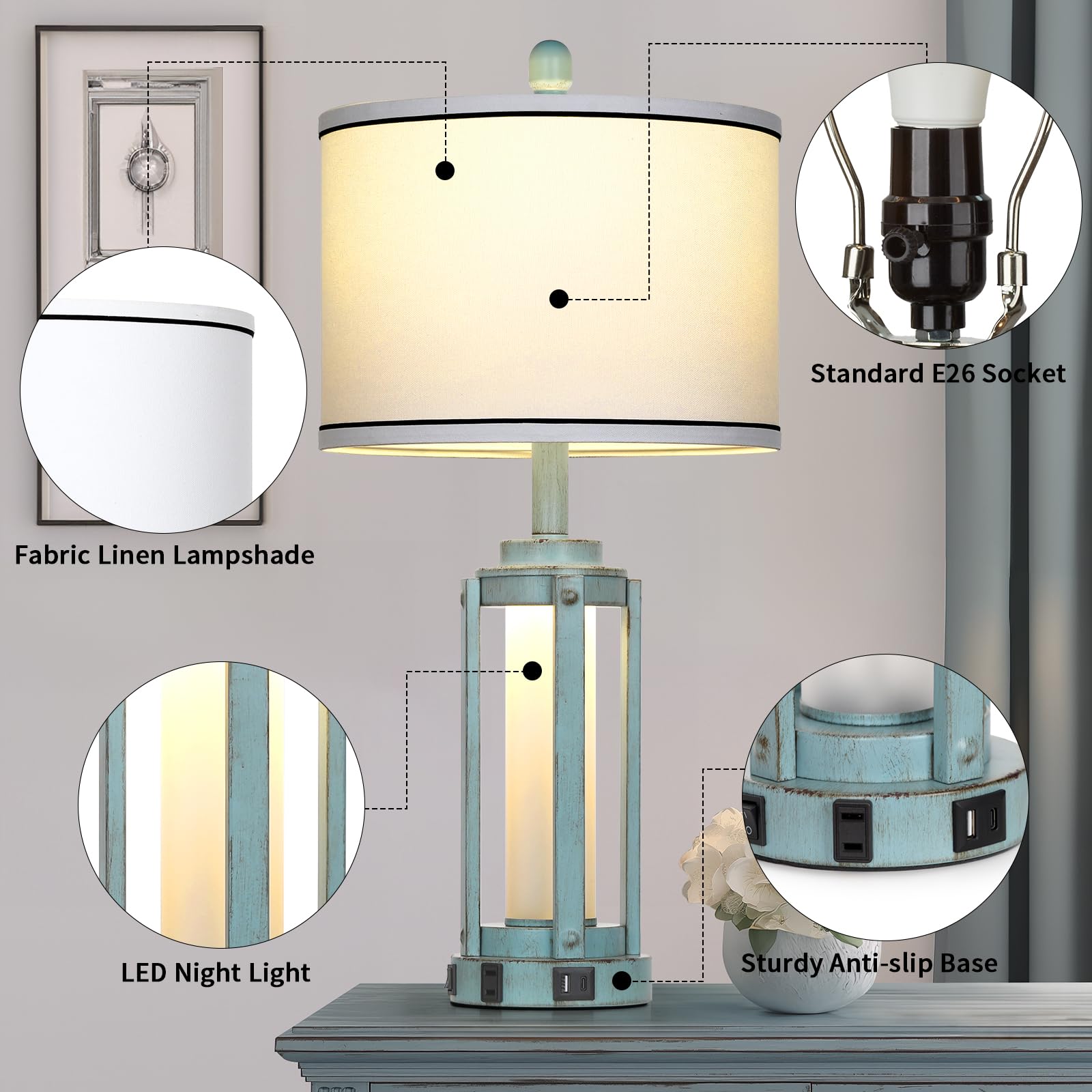 Rinweey Table Lamp For Living Room, Vintage Rustic Industrial Farmhouse Lamps With Usb A+C Charging Ports & Ac Outlet, Beside Ni
