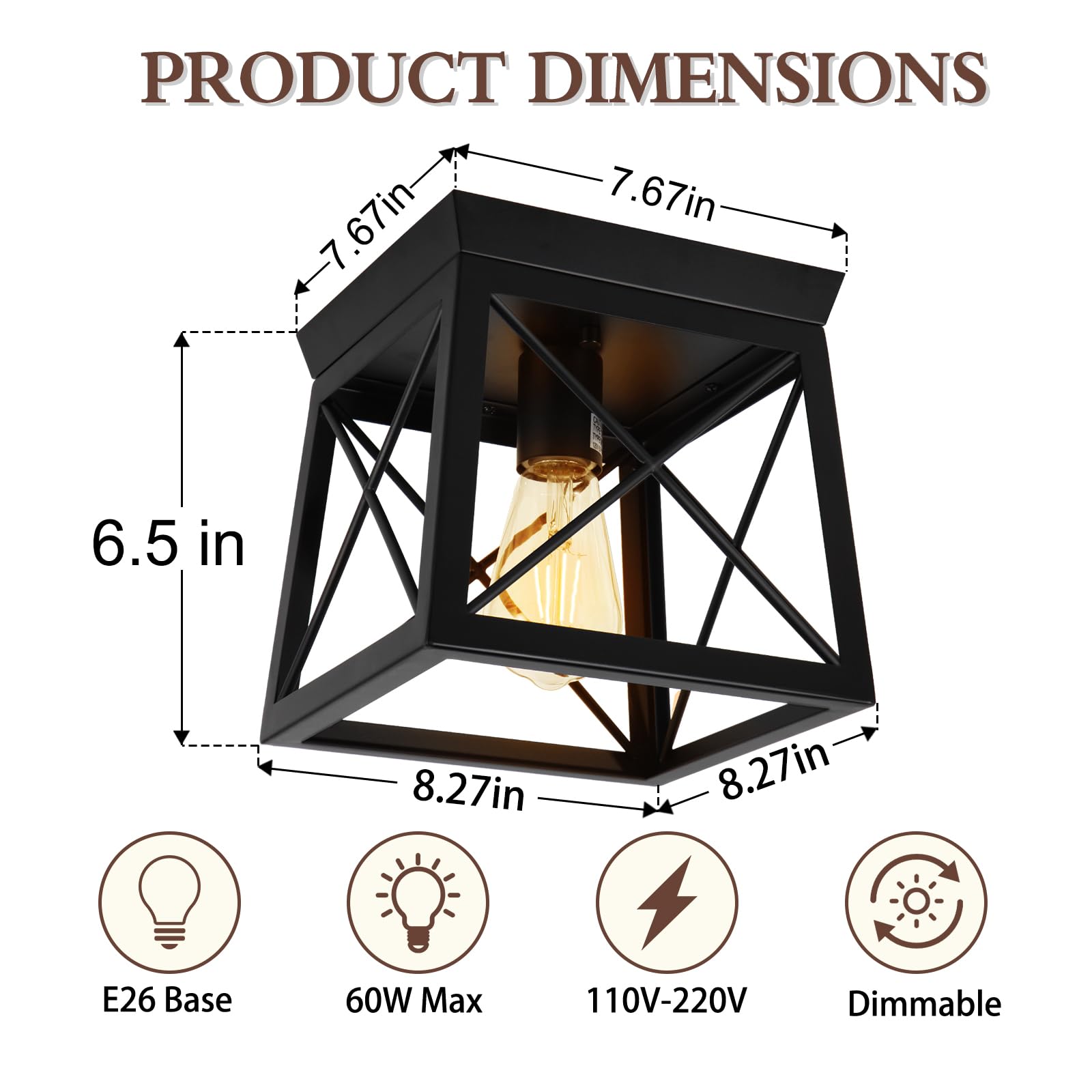 Faymart 1-Light Black Flush Mount Ceiling Light, 8&quot; Square Dimmable Fixture For Indoor/Outdoor Use