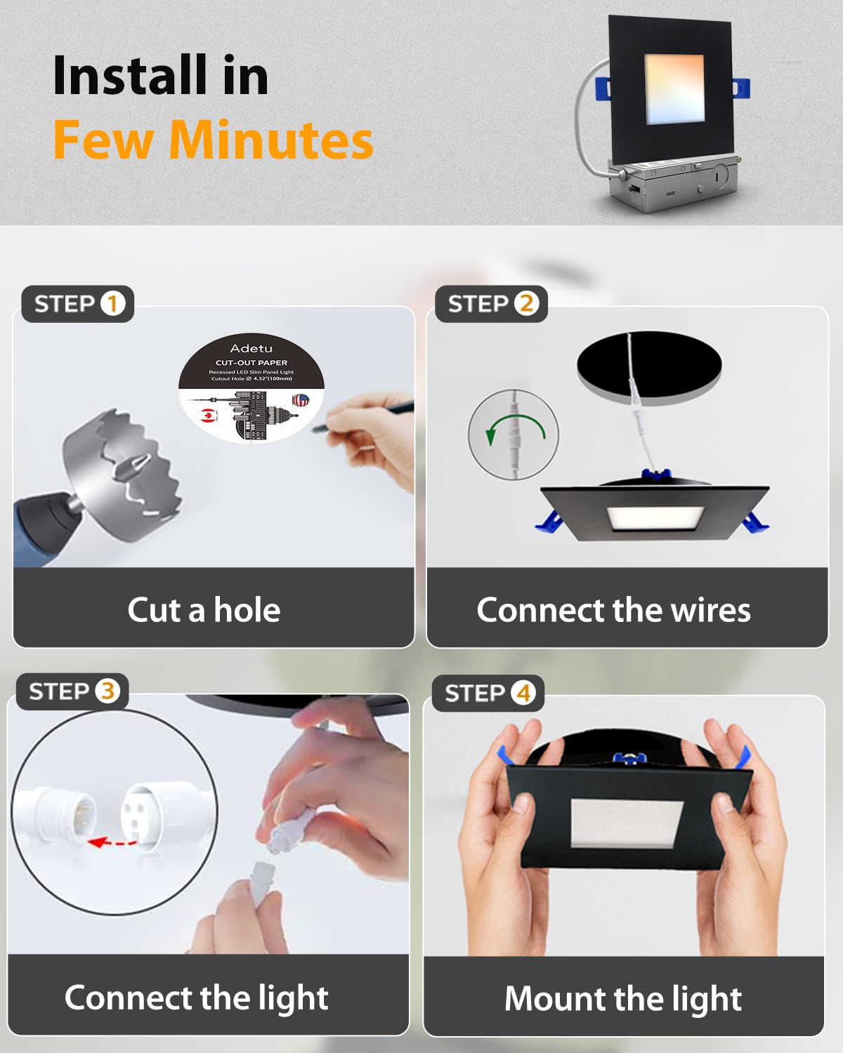 Adetu 4 Inch Square Led Recessed Lighting Black 5Cct Ultra Thin Square Led Ceiling Light With Junction Box 2700K-5000K  10W 860Lm Can-reduceer Wafer Downlight Etl And Energy Star Certified