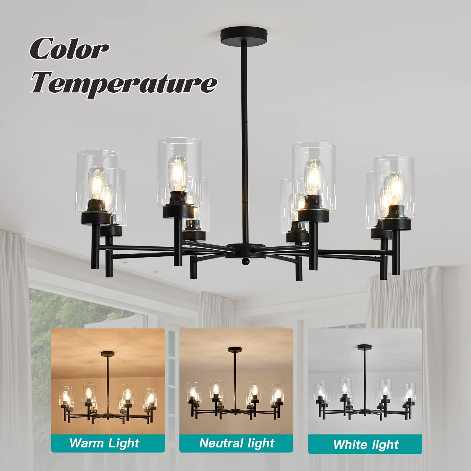 Hesoge Black 8-Light Large Modern Chandelier,Clear Glass Metal Ceiling Light Fixture,Farmhouse Pendant Hanging For Kitchen Dinin