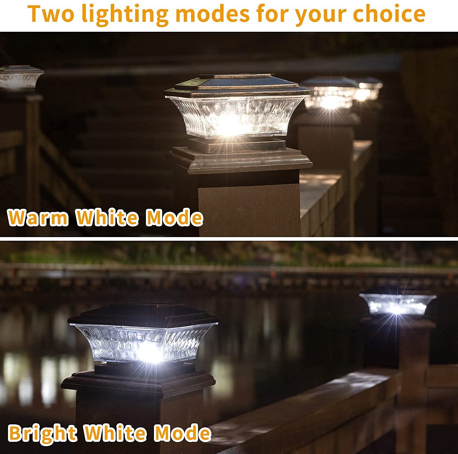 HUYIENO Solar Post Cap Lights - 2PK LED Outdoor Lighting, Warm White/Bright White, Brushed Copper, for 4x4 Wooden Posts